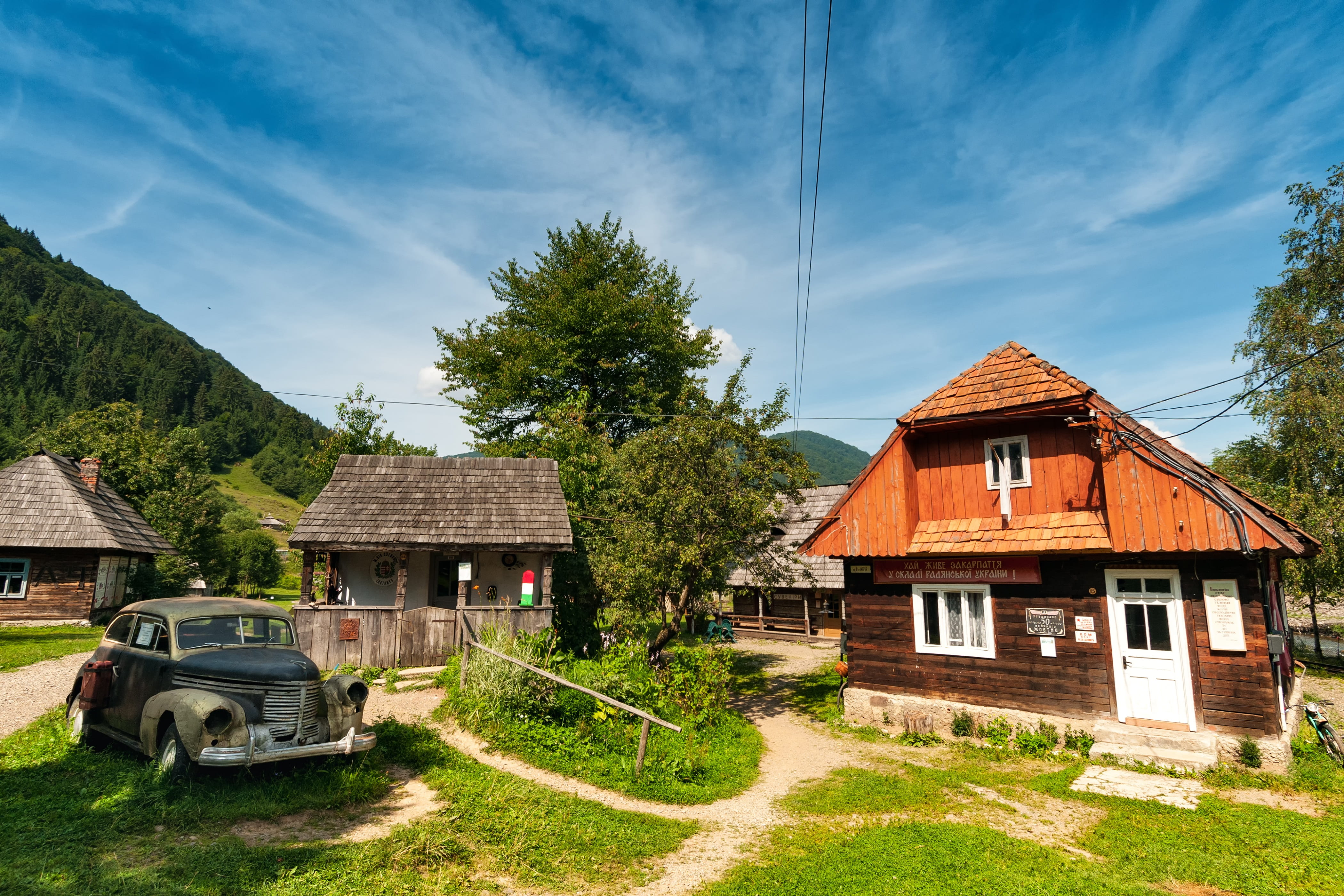 cloud - sky, building, residential building, landscapes, Zakarpattya, house, mountains, day, landscape, grass, mode of transportation, ukraine, hut, tree, HD Wallpaper