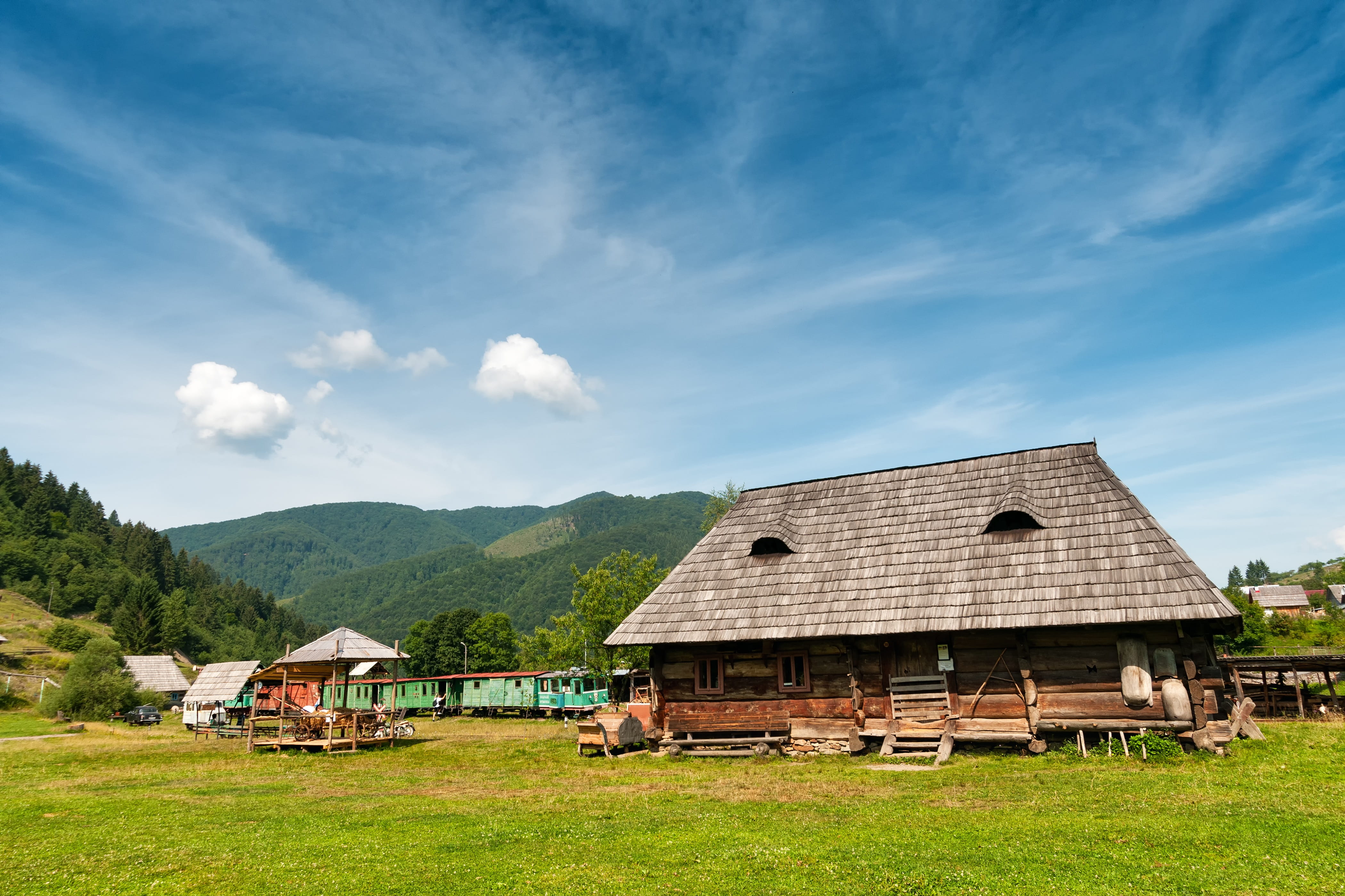 residential district, outdoors, transcarpathia, cloud - sky, hut, built structure, mountain, carpathian mountains, field, scenics - nature, road, 4K, land, HD Wallpaper