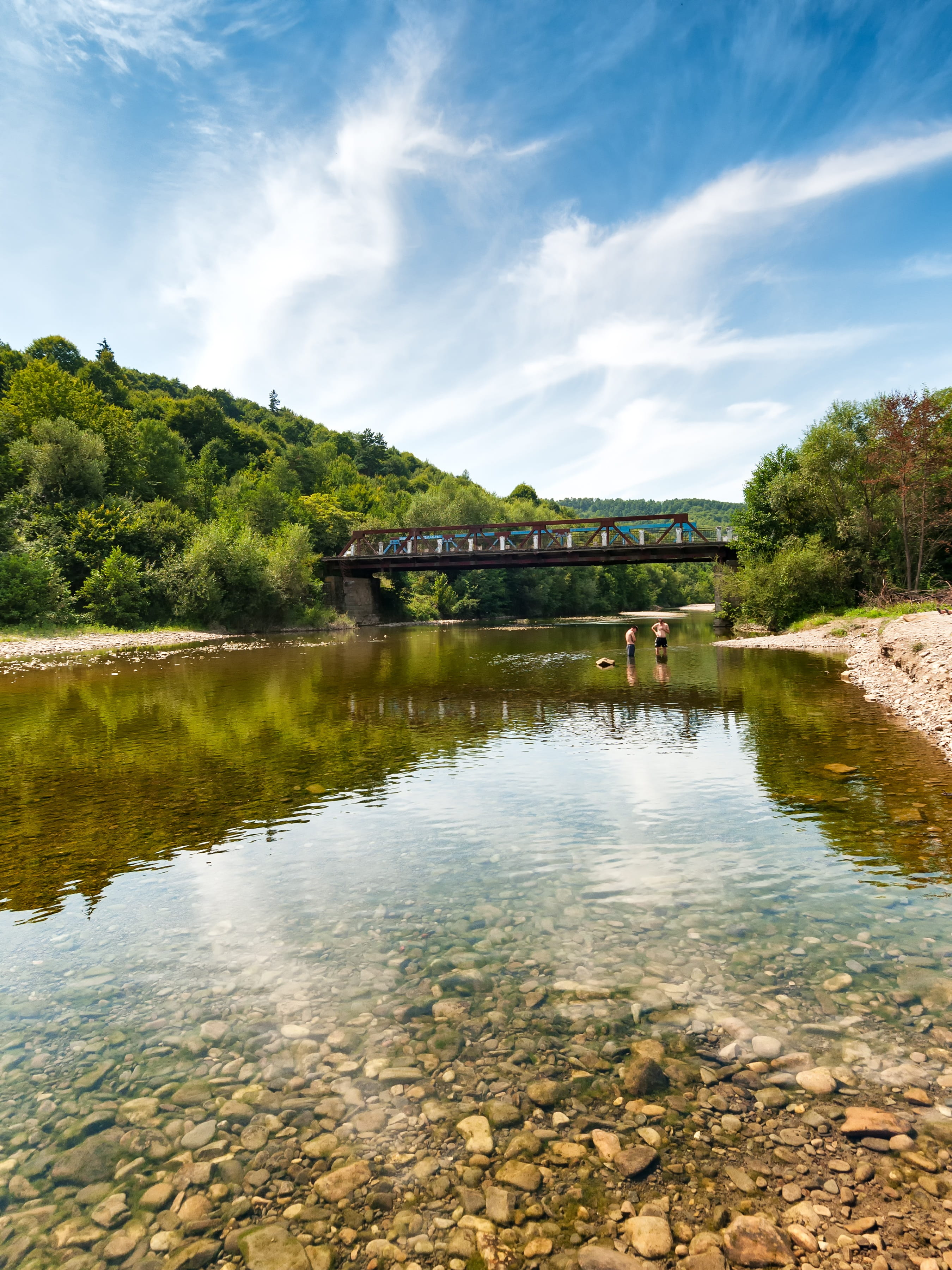 tree, bridge - Man Made Structure, architecture, waterfront, Carpathian Mountains, lake, summer, mountains, outdoors, beauty in nature, carpathian, 2K, Phone HD Wallpaper
