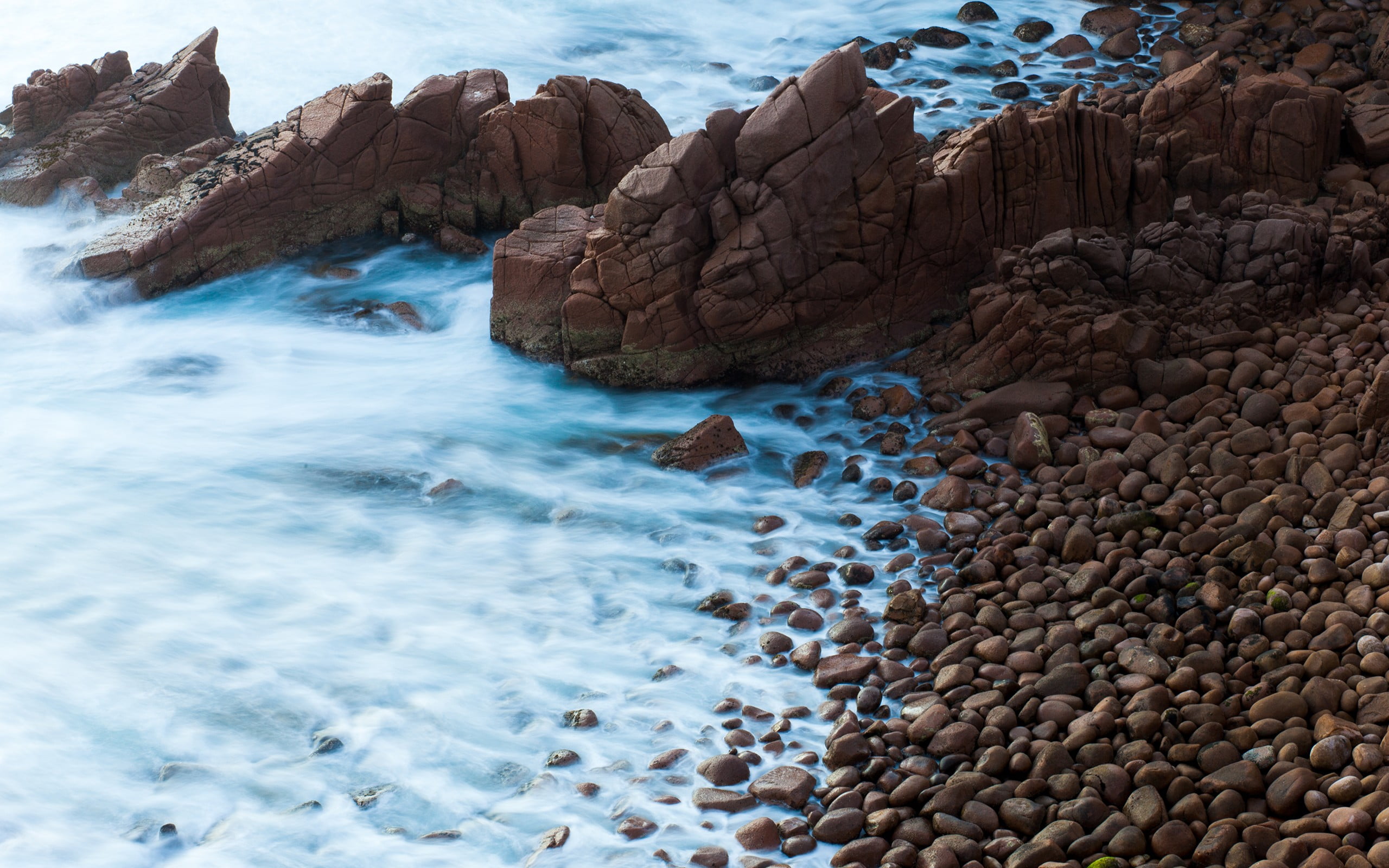 stones, rock, land, scenics - nature, non-urban scene, outdoors, beauty in nature, motion, water, fence, sea, tranquility, landscape, long exposure, flowing water, HD Wallpaper