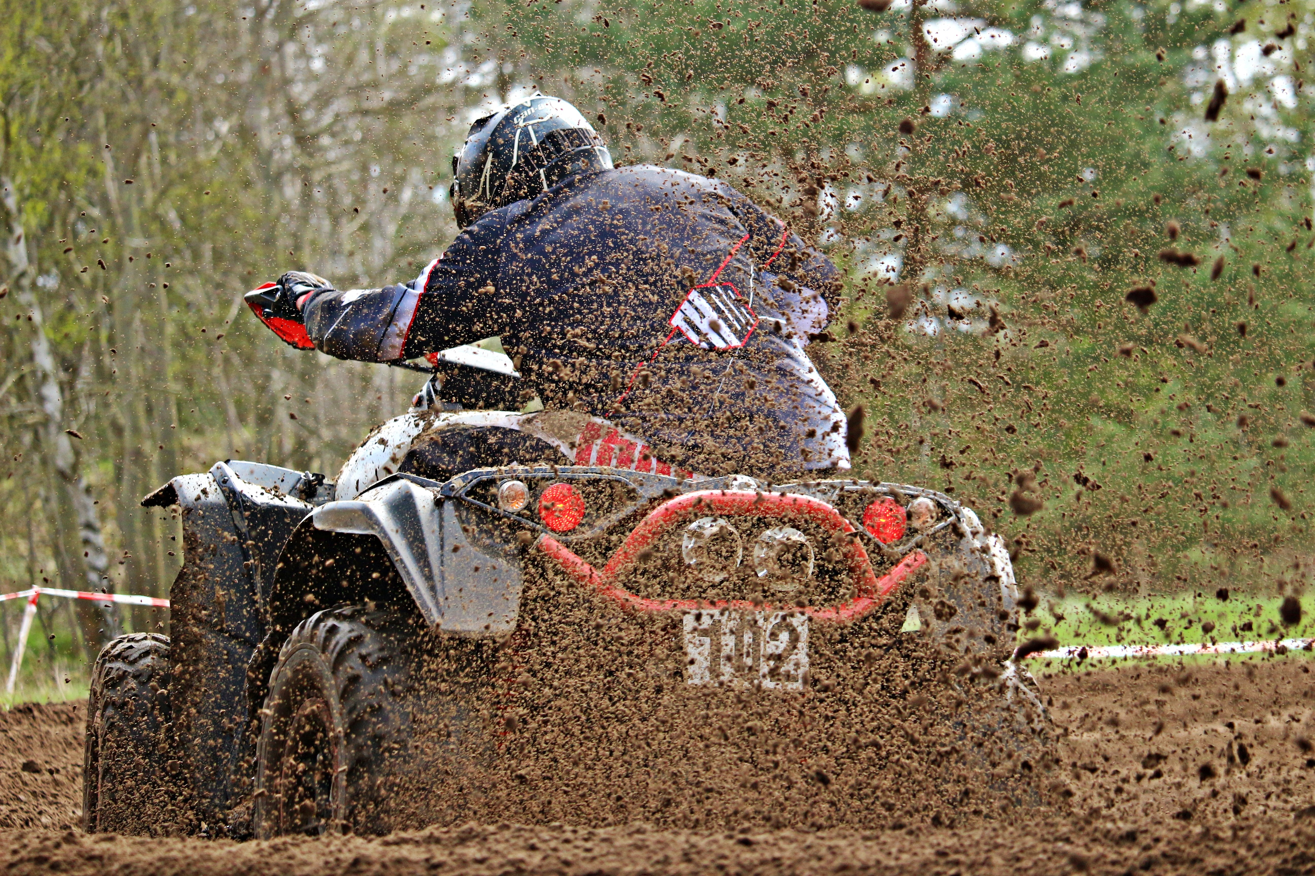 all-terrain vehicle, motorcycle sport, person, bird, quad, green, dirty, near, terrain, trees, field, animal themes, animal wildlife, water, day, mud, racing, HD Wallpaper