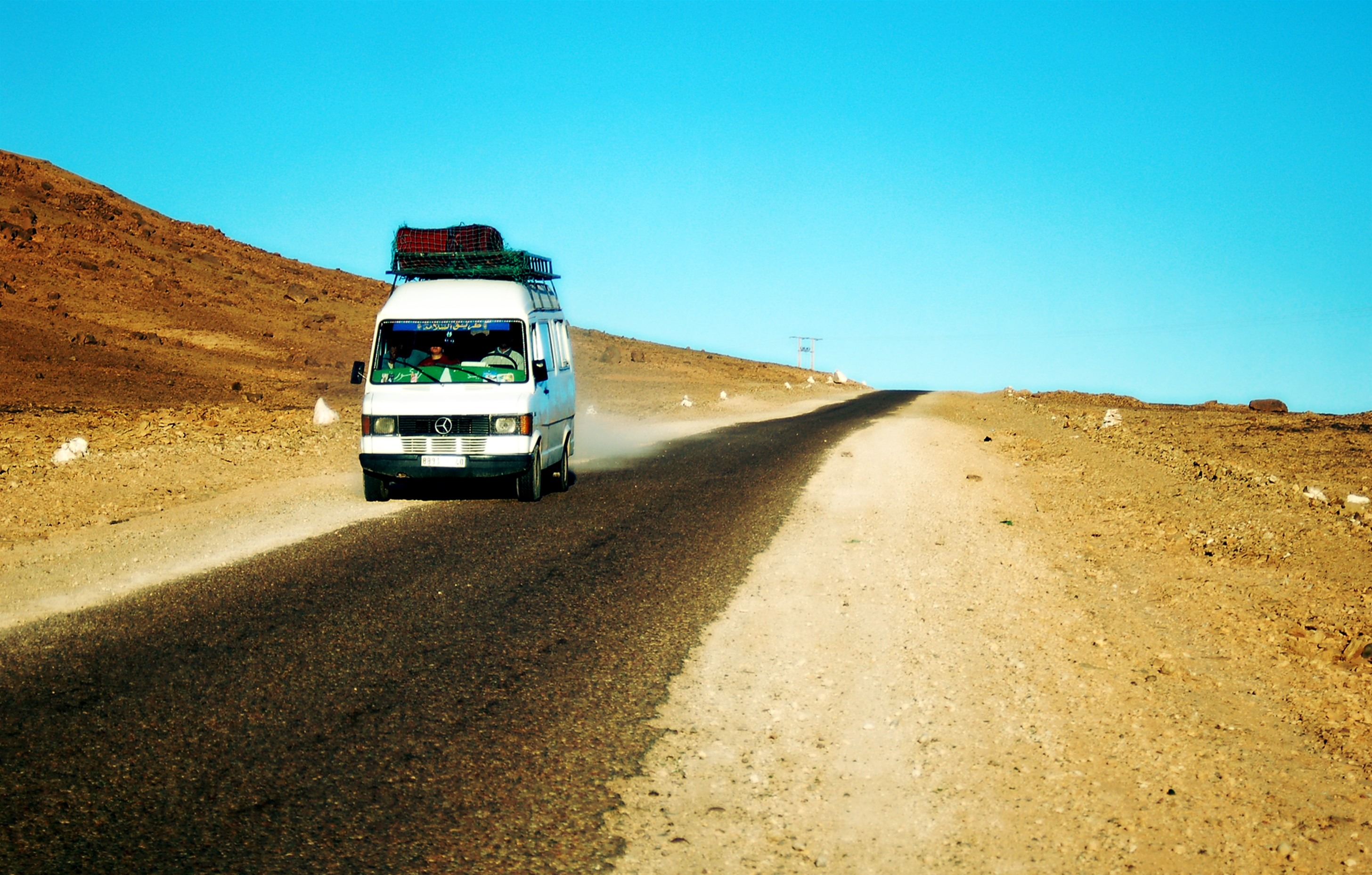 bus, morocco, land vehicle, africa, the way forward, road trip, on the move, sand, travel, trail, lead, sunlight, marroc, motor vehicle, nature, climate, HD Wallpaper