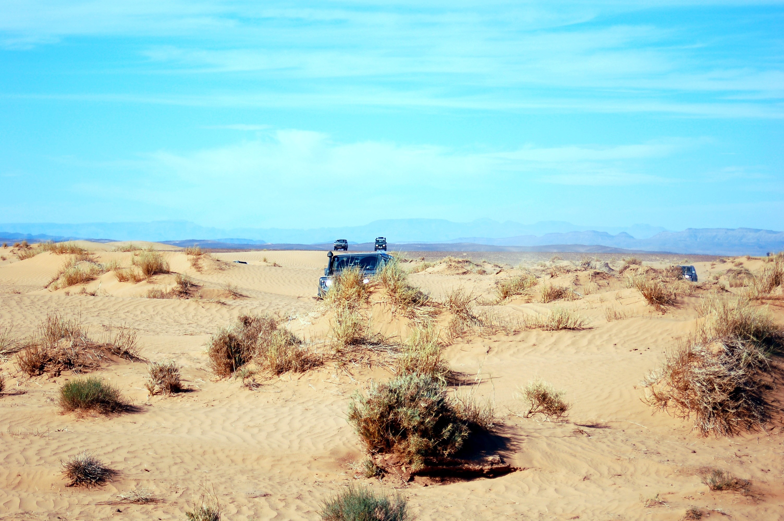 beauty in nature, plant, land, sky, desert, landscape, vehicle, day, peaceful, outdoors, blue, climate, tranquil scene, nature, sand, environment, africa, HD Wallpaper