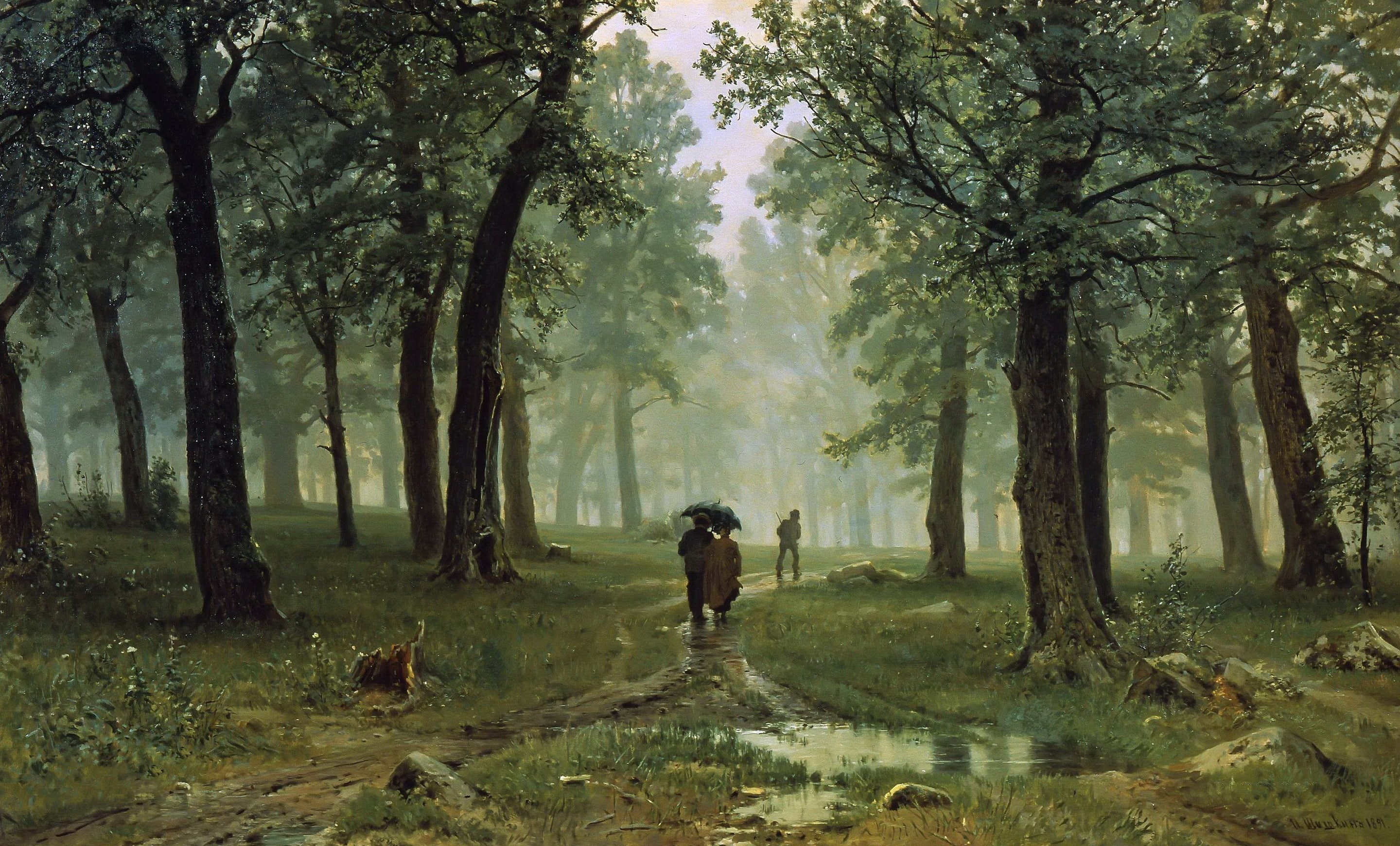 rain, ivan, 2K, umbrella, the, landscape, shishkin, painting, forest, people, oak, HD Wallpaper