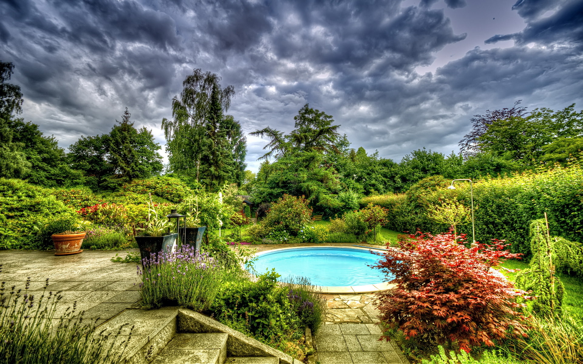 Kusti, pool, flowers, 1080P, trees, pools., HD Wallpaper