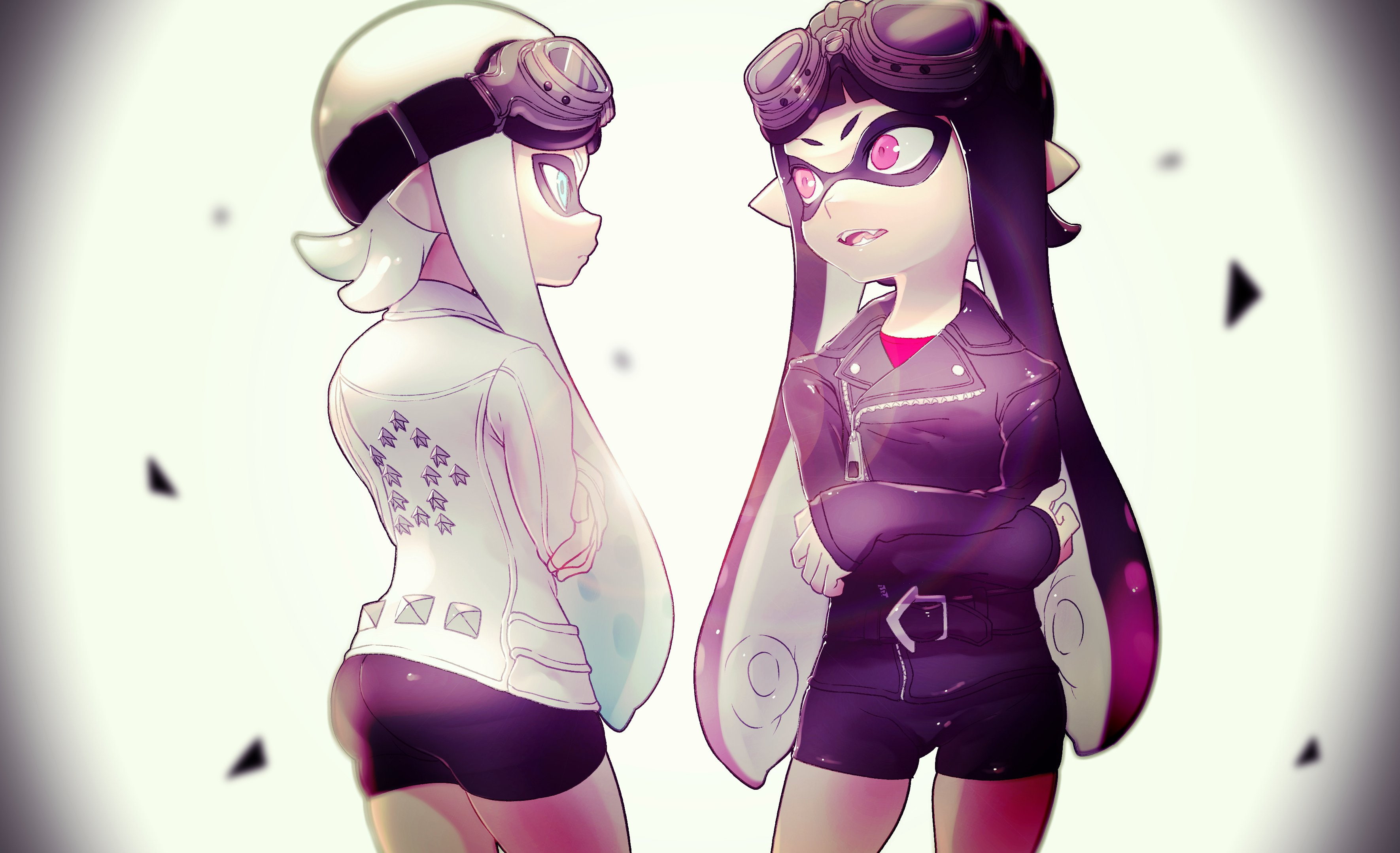 inkling, puchiman, 2K, white, eyes, aqua, hair, splatoon, mask, fang, goggles, long, pink, shorts, purple, girls, HD Wallpaper