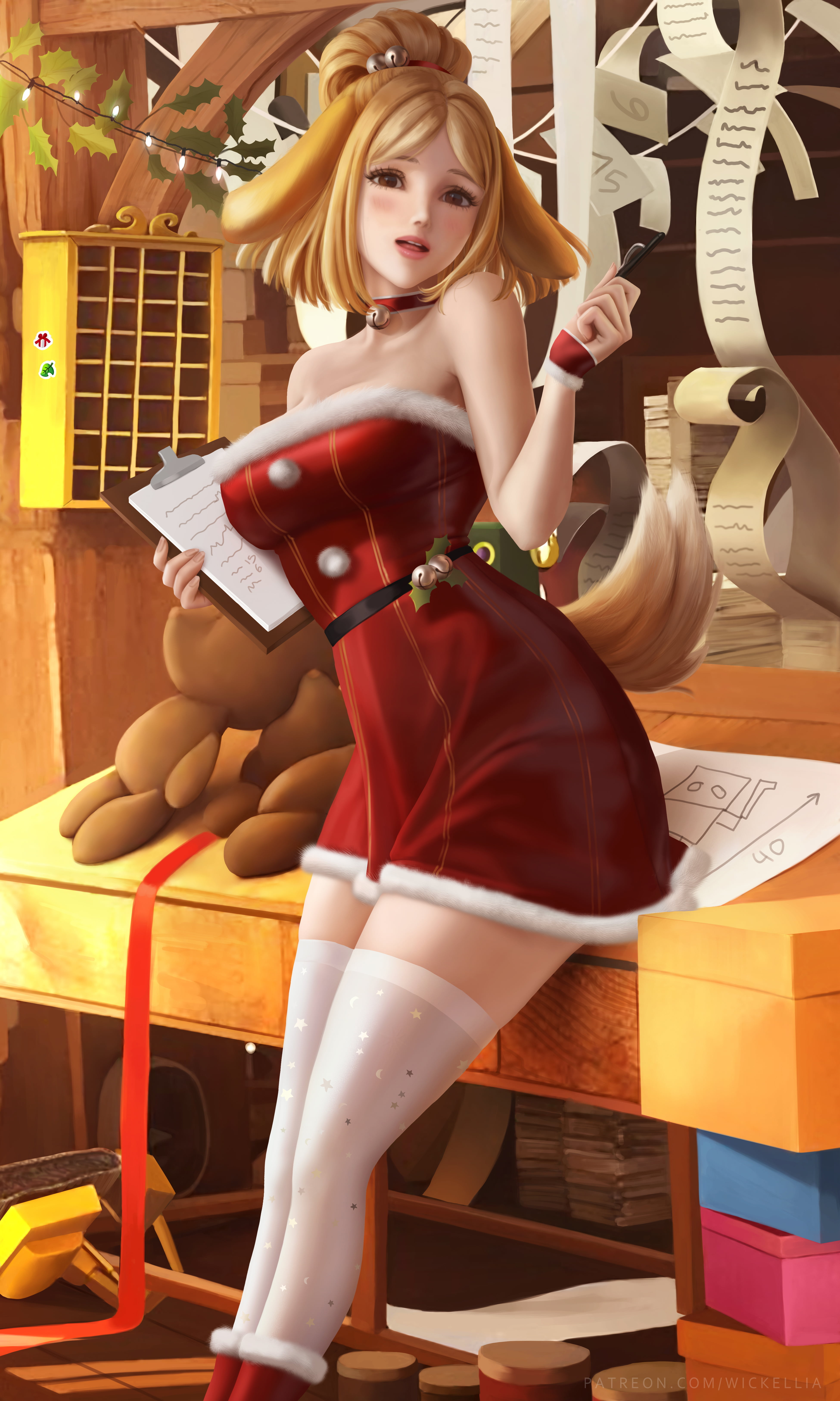 dog tail, short hair, Isabelle (Animal Crossing), Animal Crossing, digital art, dogears, semi realistic, video game girls, hairbun, anime, 5K, artwork, Phone HD Wallpaper