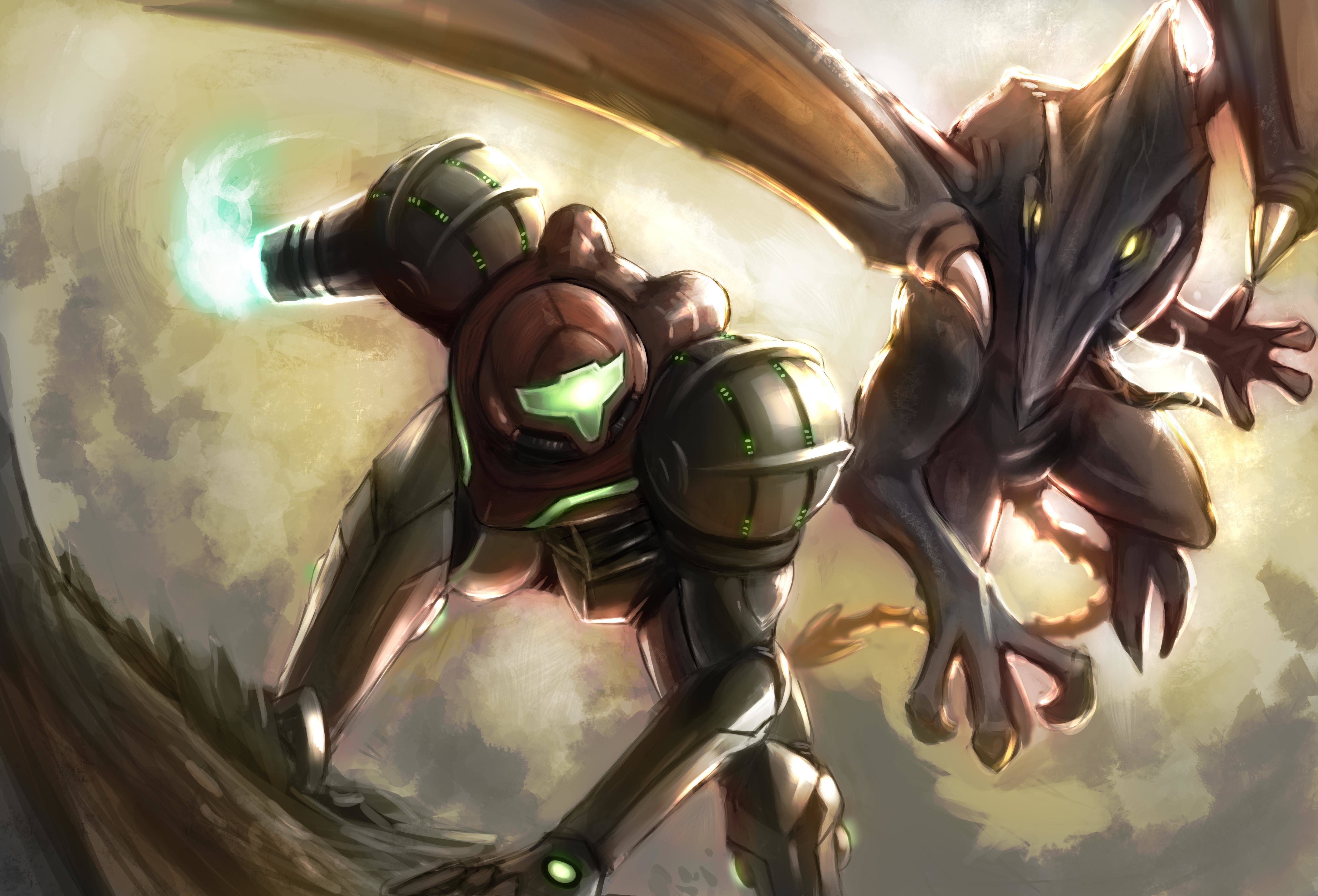dragon, battle, armor, metroid, samus, anime, 5K, aran, warrior, ridley, fantasy, HD Wallpaper