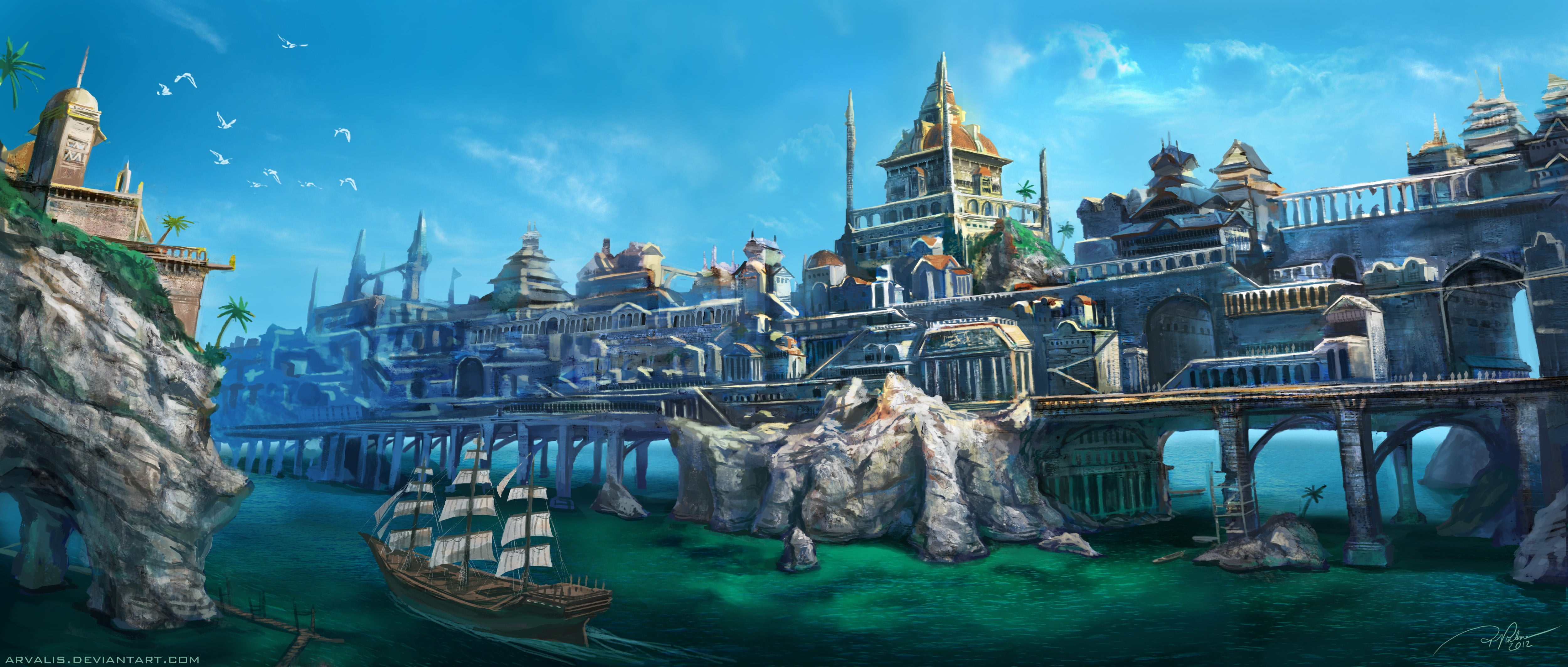 architecture, digital art, water, built structure, government, sky, bridge, the past, black, 4K, nature, ornate, gothic style, illustration, bridge - man made structure, HD Wallpaper