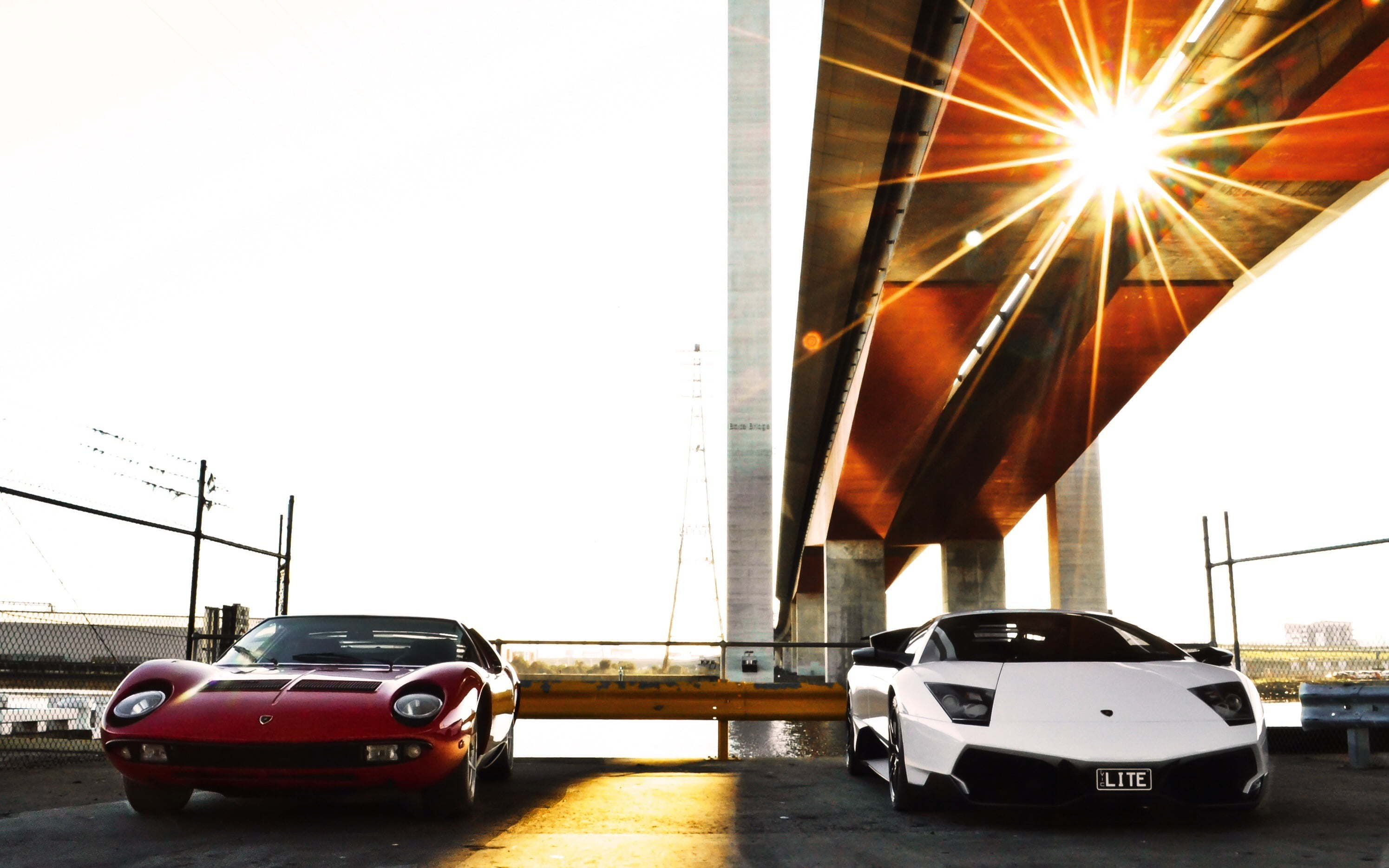 copy space, bridge, road, outdoors, the fence, built structure, white, architecture, car, day, motor vehicle, land vehicle, front view, sunlight, lp670-4 sv, HD Wallpaper