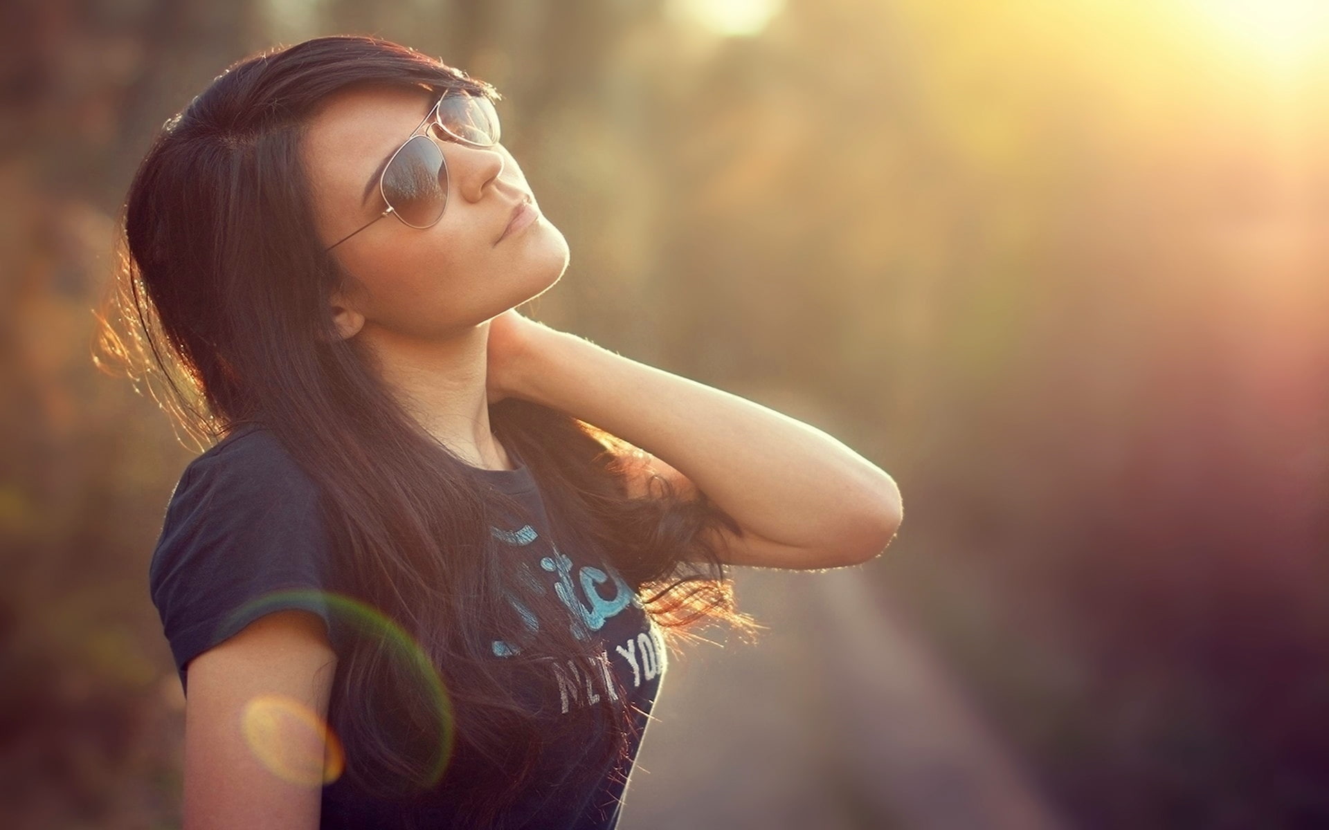 carefree, sunset, lens Flare, focus on foreground, one Young Woman Only, brunette, adult, healthy Lifestyle, summer, long Hair, shirt, hipster, beautiful, HD Wallpaper