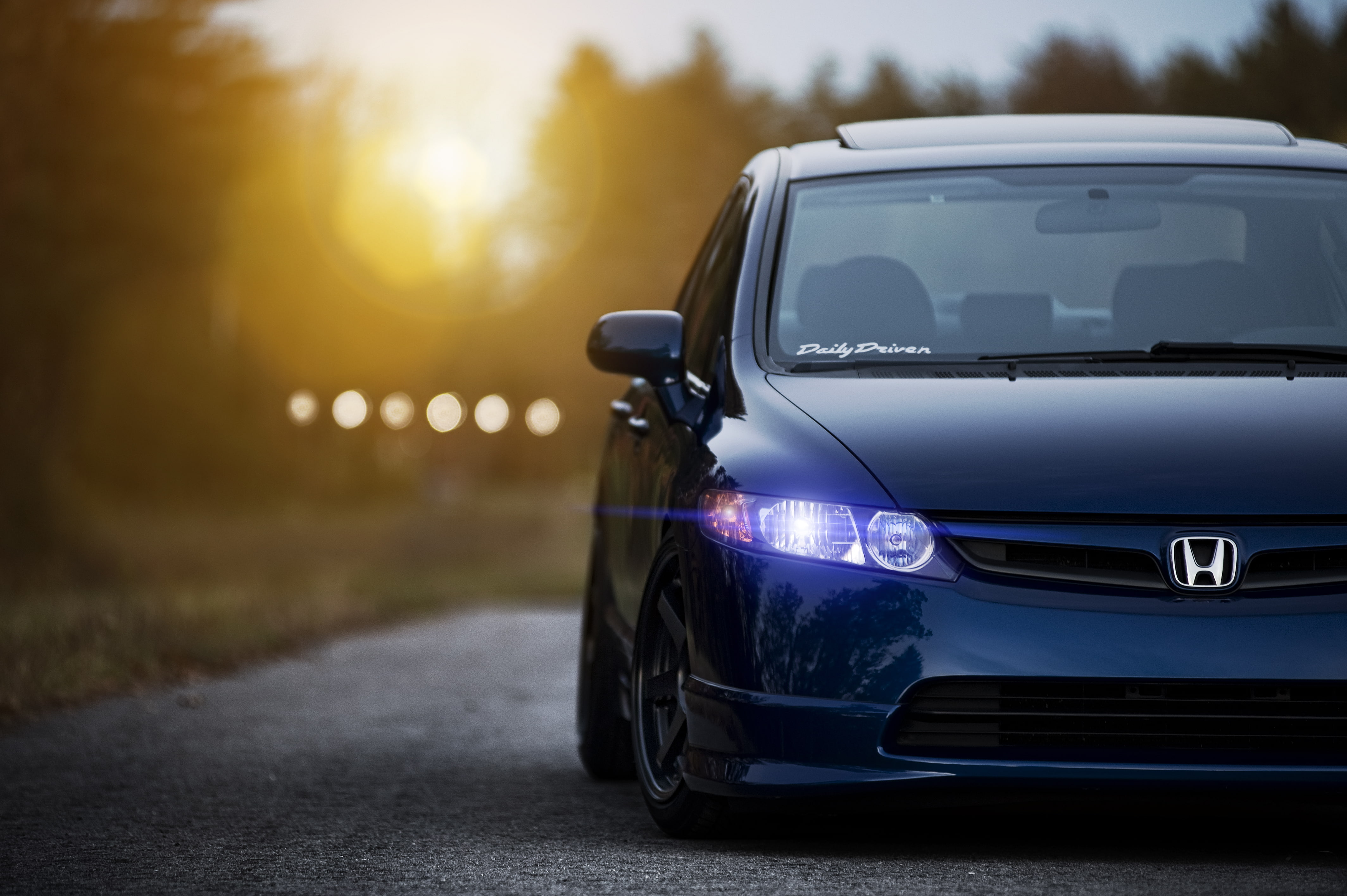 Sedan, Civic, blue, Honda, Blik, the sun, front, 4K, sunset, HD Wallpaper