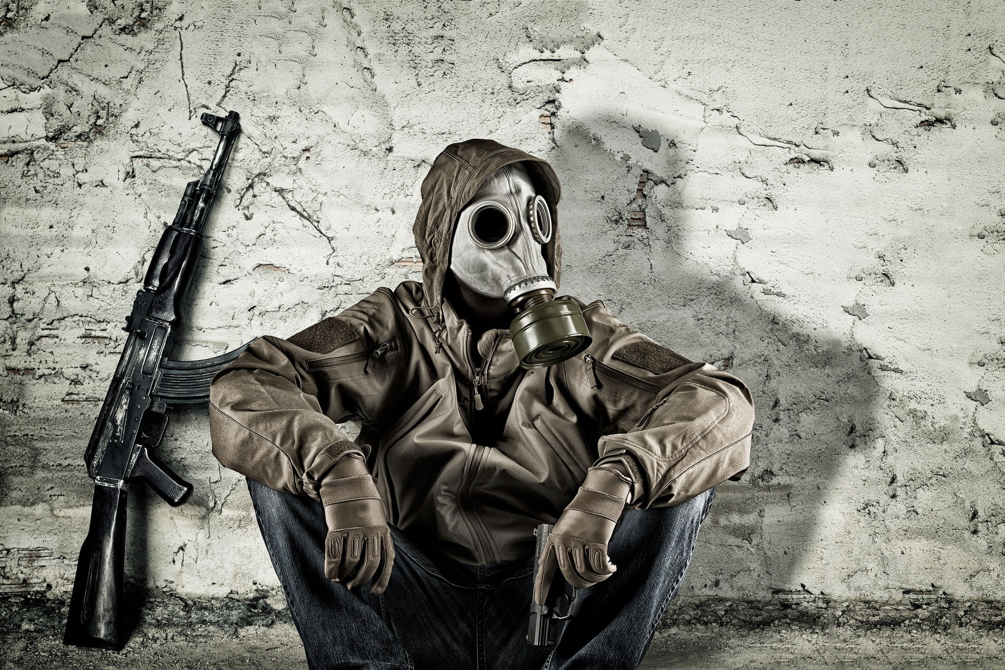 Kalash, male, wall, clothing, gun, 1080P, sitting, gas mask, HD Wallpaper