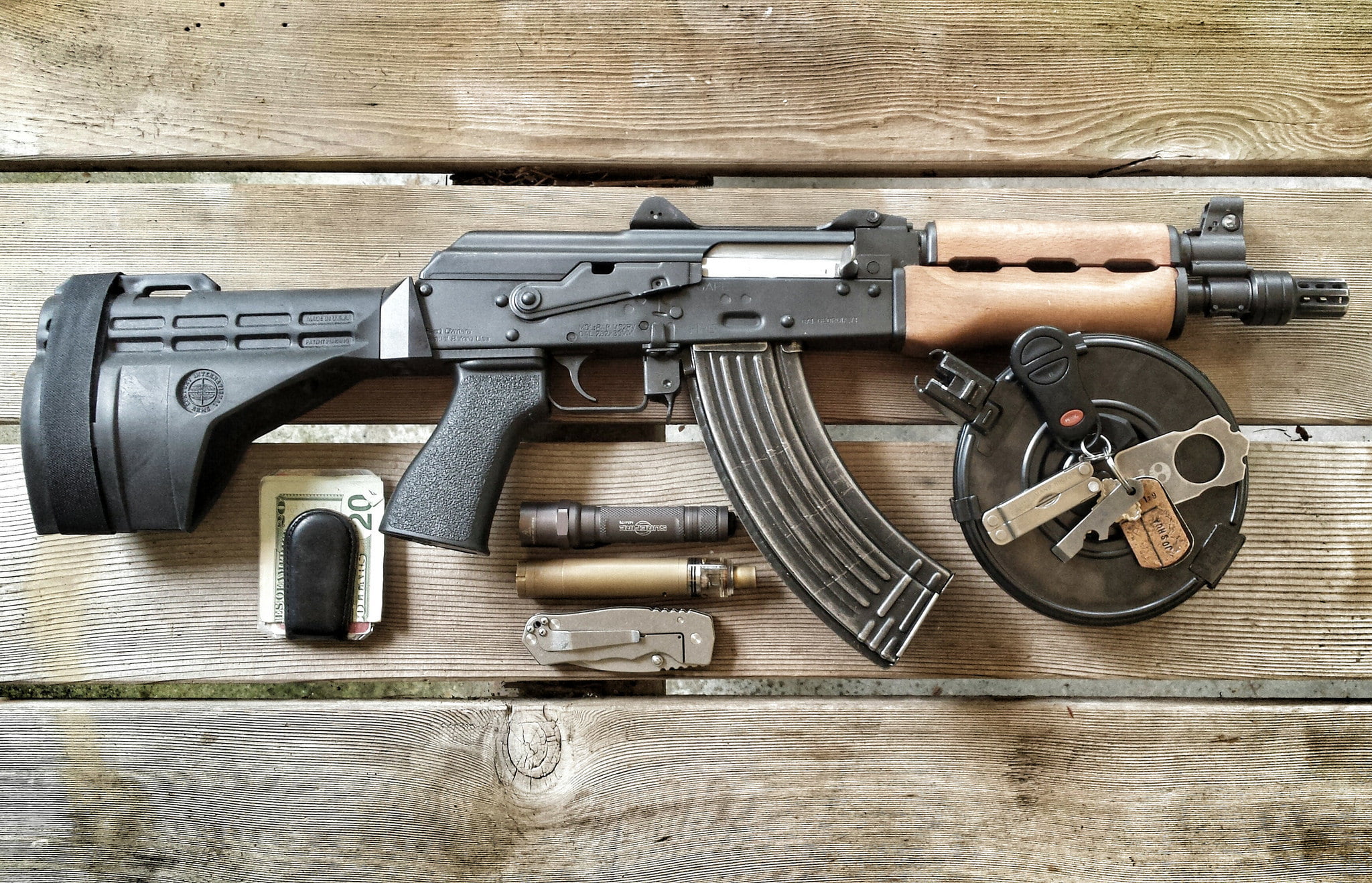 large group of objects, Board, arrangement, Kalash, rifle, assault, table, security, indoors, machine, black, wood - material, metal, 1080P, the bucks, HD Wallpaper