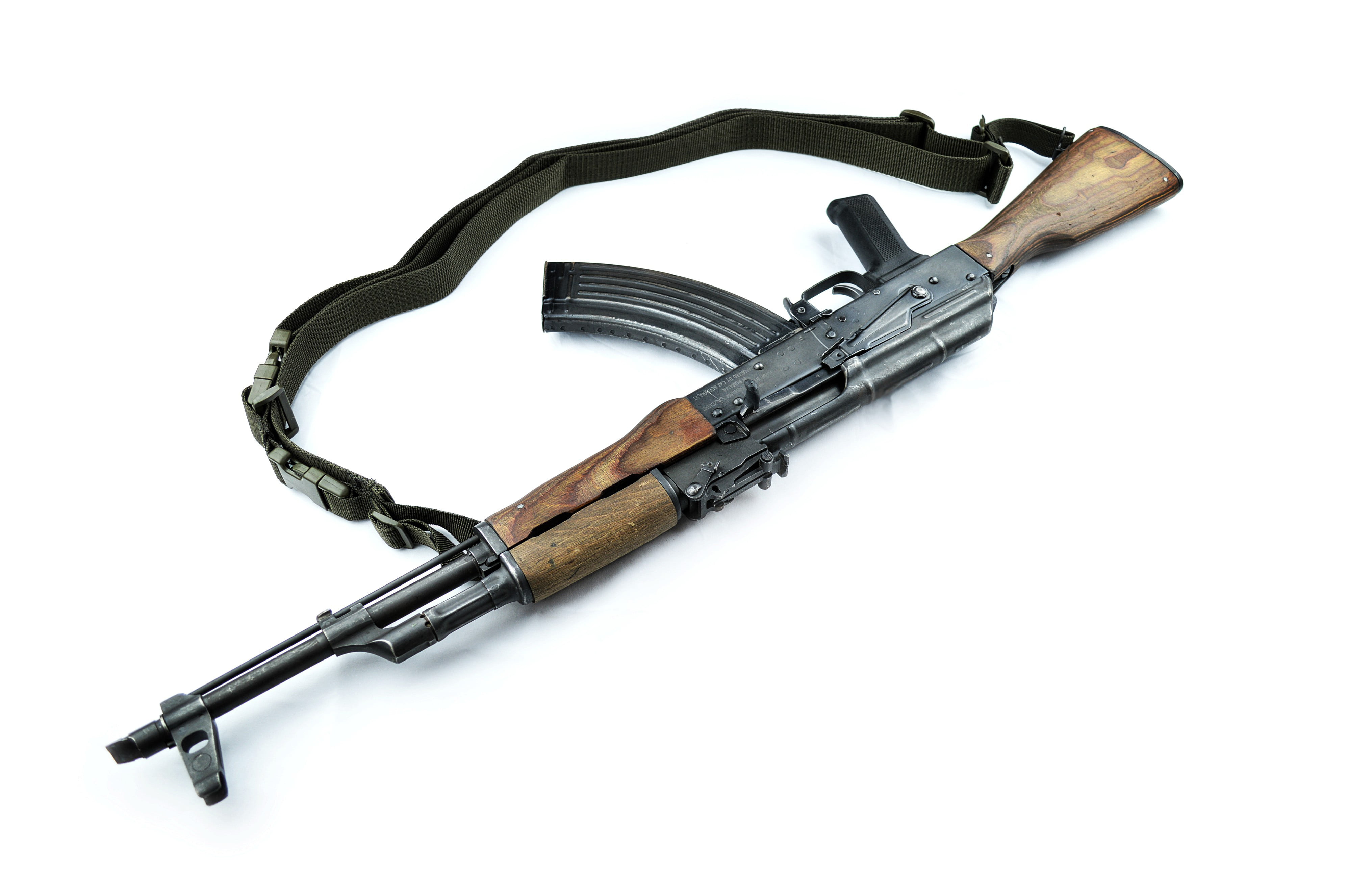 metal, white background, copy space, studio shot, black color, machine, Kalash, no people, indoors, still life, weapon, communication, 4K, isolated, rifle, HD Wallpaper