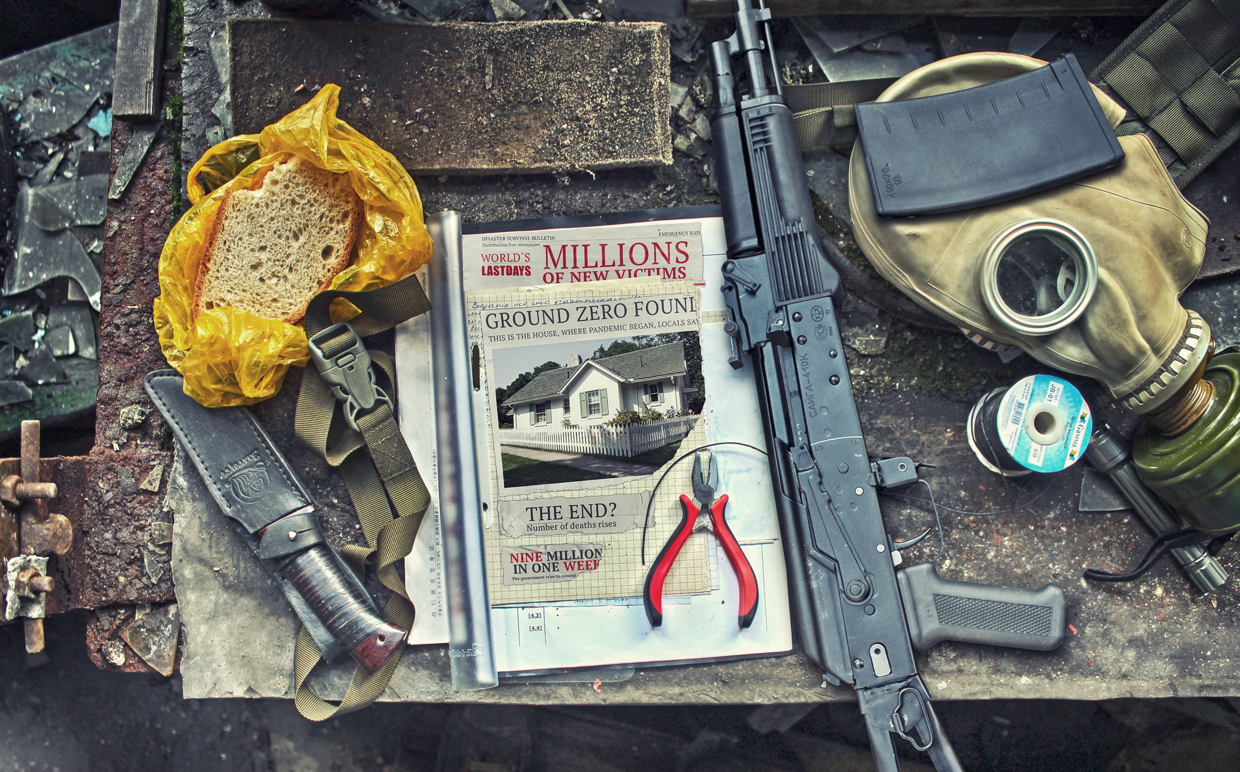 knife, rifle, 1080P, no people, Stockpocalypse Challenge, large group of objects, still life, communication, old, container, obsolete, abandoned, text, HD Wallpaper