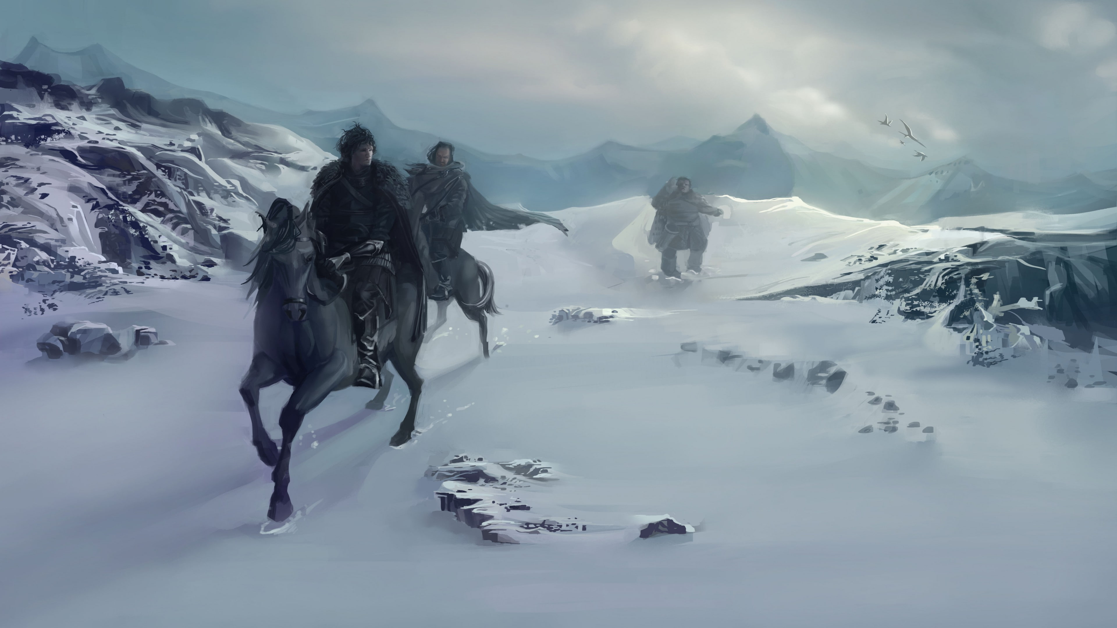 three, horse, season 5, men, A Song of Ice and Fire, Game of Thrones, snowfield, fantasy, riding, Jon Snow, 4K, running, dragon, Best TV Series of 2015, HD Wallpaper
