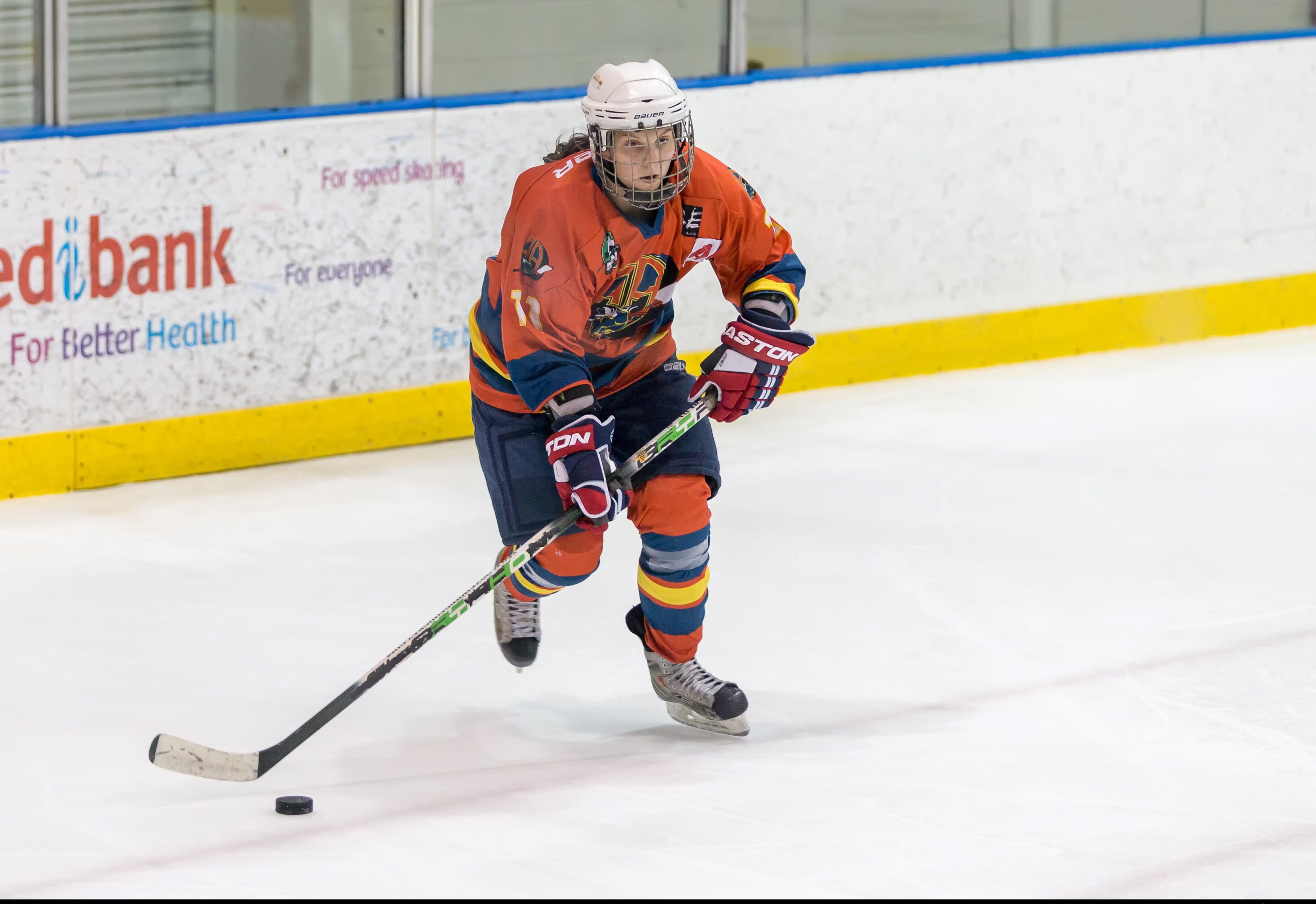 winter sport, cold temperature, helmet, one person, winter, sports equipment, ice hockey stick, shooting at goal, sports helmet, 2K, ice, sports, ice-skating, HD Wallpaper