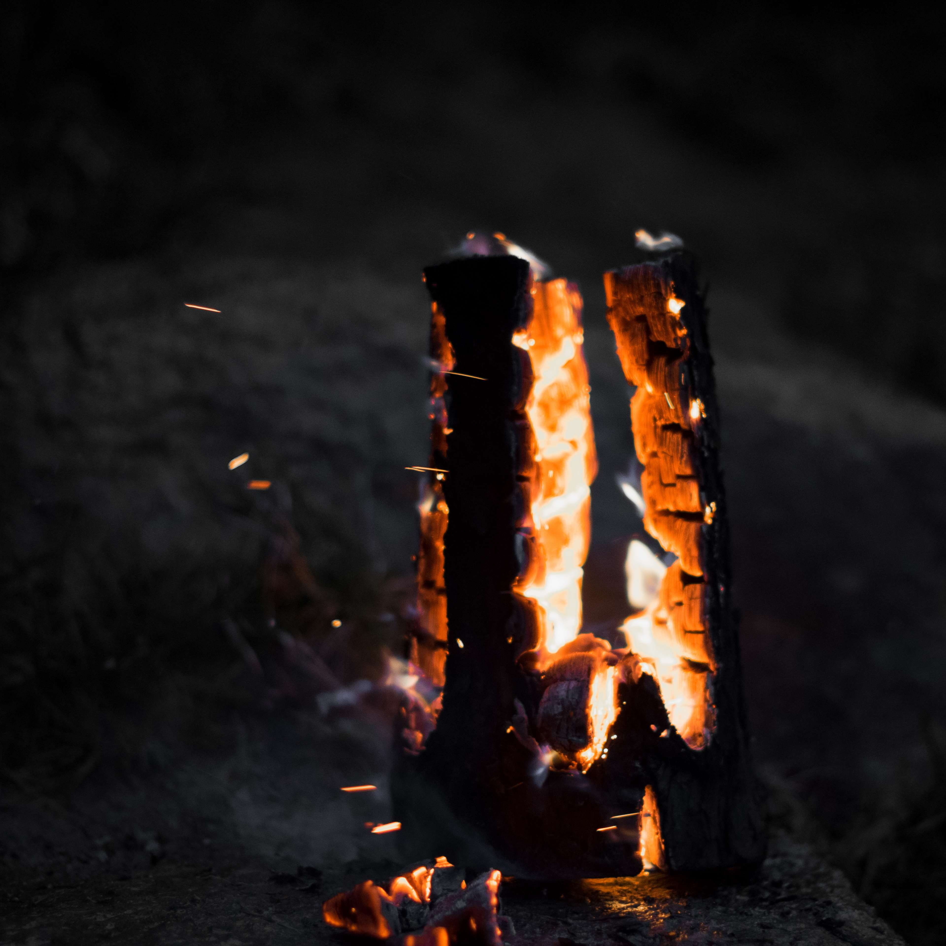 burnt, wood - material, sparks, camping, wood, dark, fire, wood on fire, food and drink, heat - temperature, 1x1, hot, bonfire, burning, fire - natural phenomenon, Phone HD Wallpaper