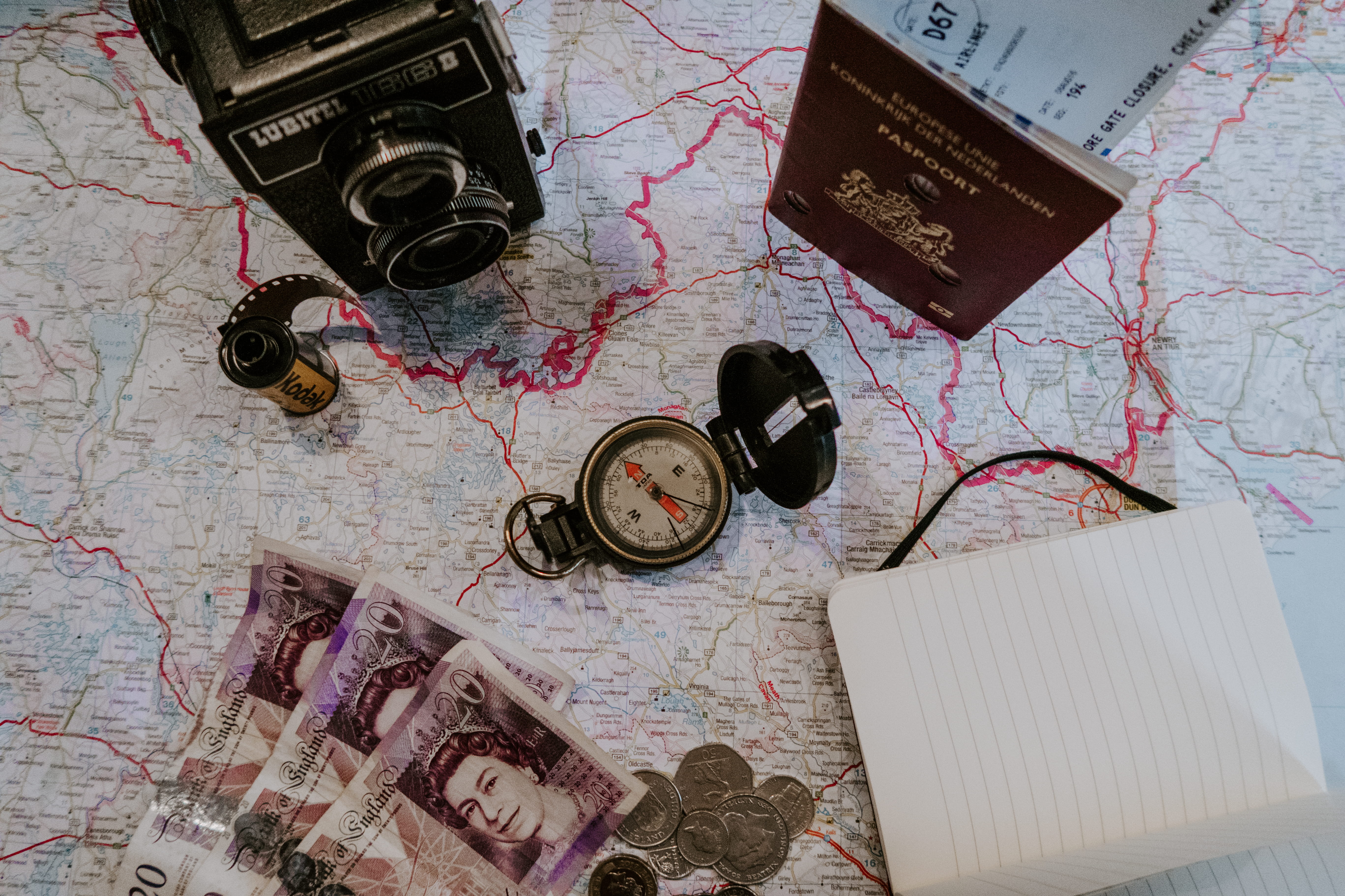 beside, banknotes, electronics, table, 5K, technology, indoors, floral pattern, guidance, antique, topdown, black, traveller, direction, money, high angle view, HD Wallpaper