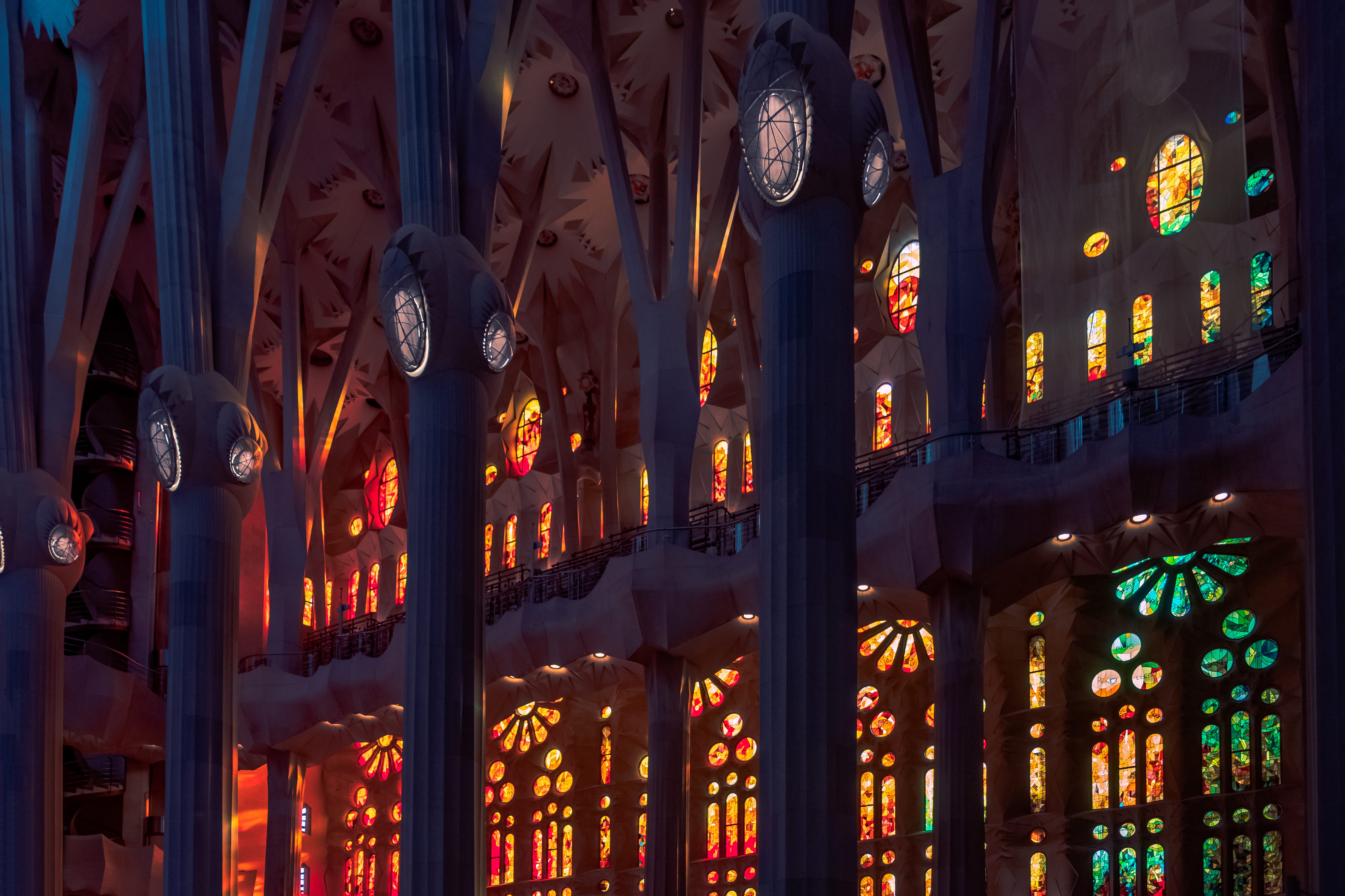 clock tower, creativity, 4K, pattern, column, spain, barcelona, stained glass, españa, illuminated, glowing, building exterior, glass - material, building, HD Wallpaper