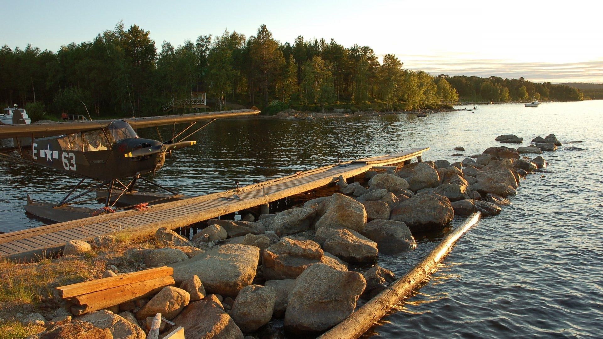 plane, 1080P, dock, sunset, seaplane, aircraft planes, lake, HD Wallpaper
