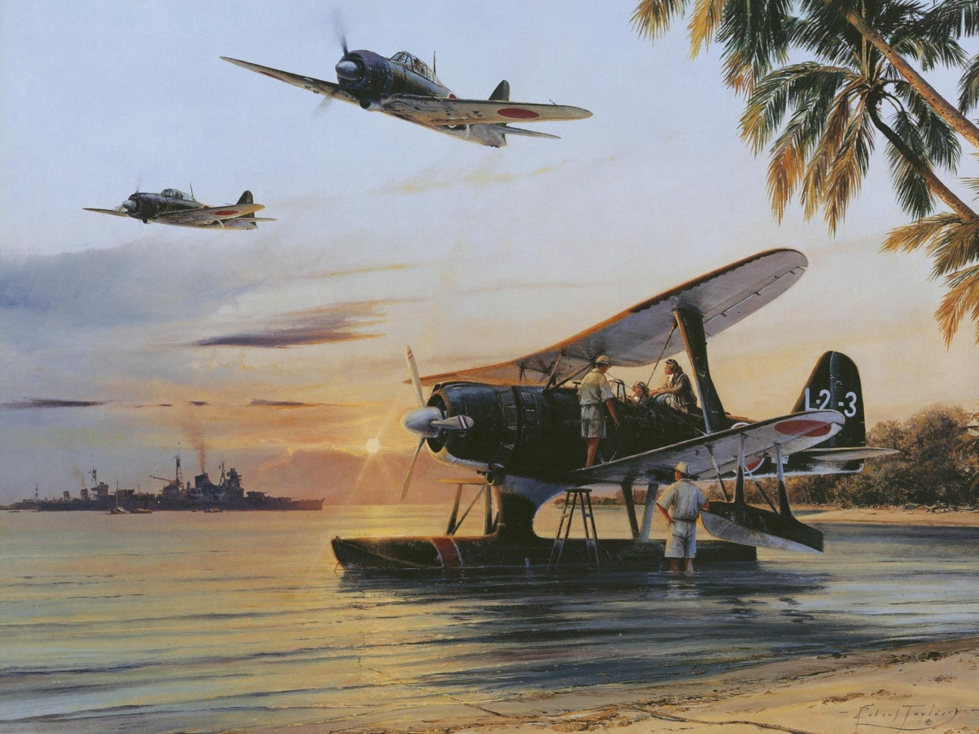 water, Navy, aircraft, the sky, art, seaplane, the sun, palm trees, Japanese, ship, shore, WW2, 1080P, HD Wallpaper