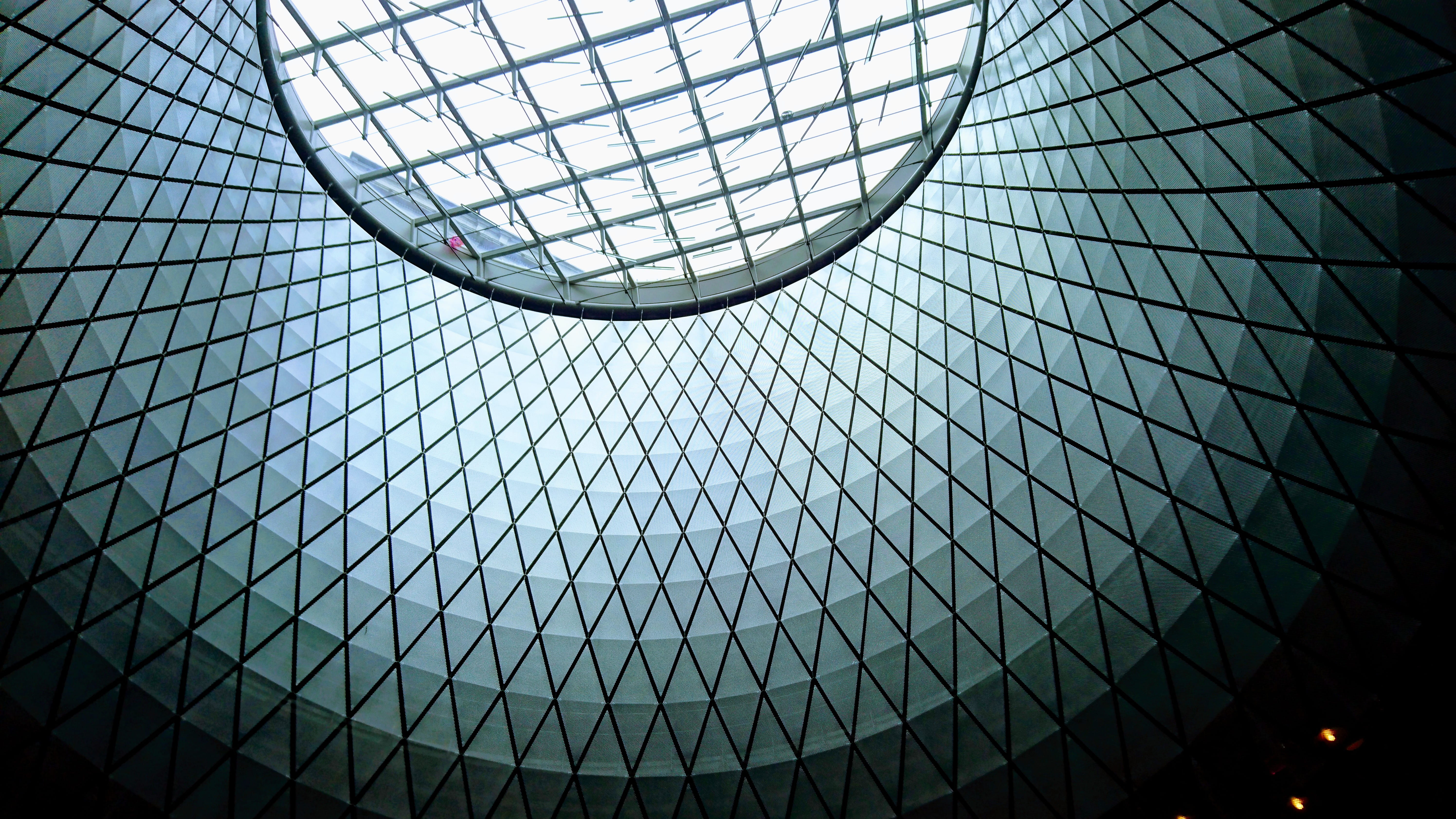 ceiling, triangle, office building exterior, pattern, spiral, outdoors, cucumber, roof, sphere, glass - material, sunlight, low angle view, geometric shape, HD Wallpaper