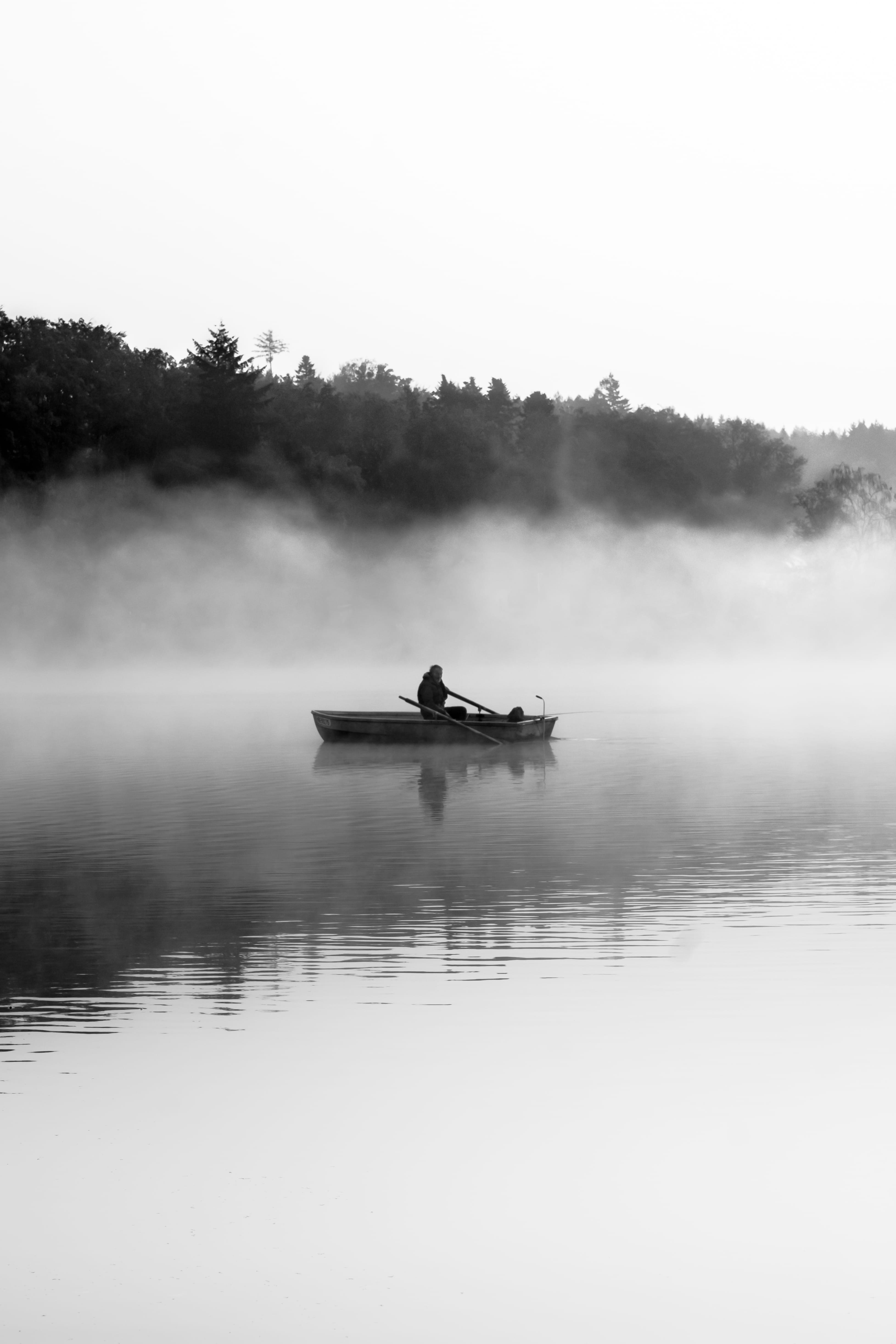 rowing, nautical vessel, photo, tranquility, fog, marsh, airplane, day, boat, nature, river, grayscale, reflection, water, real people, one person, plant, Phone HD Wallpaper