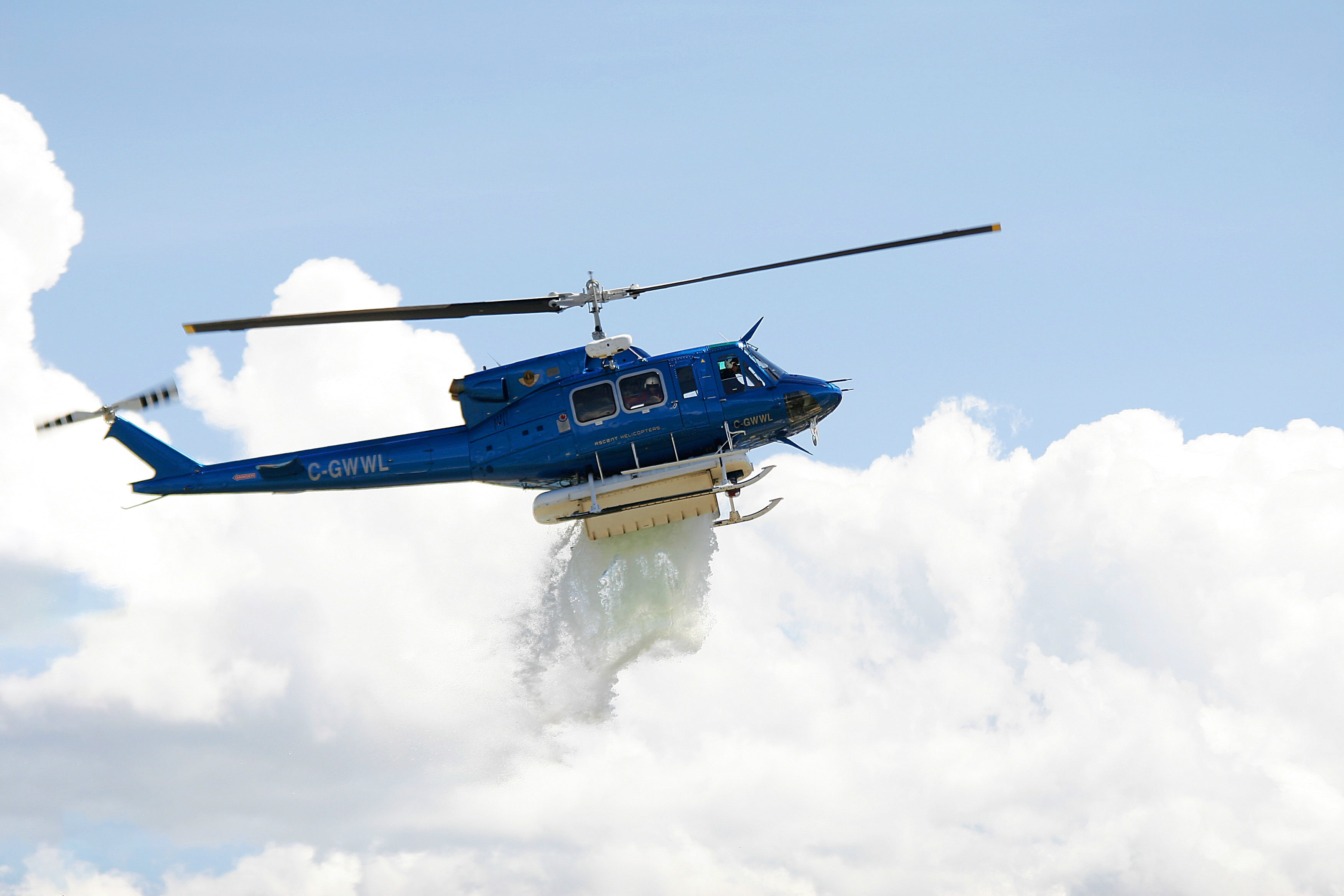mode of transportation, cloud - sky, rotor, day, transport, transportation, outdoors, safety, air, clouds, midair, blue, motion, aerial, nature, fire fighting, HD Wallpaper