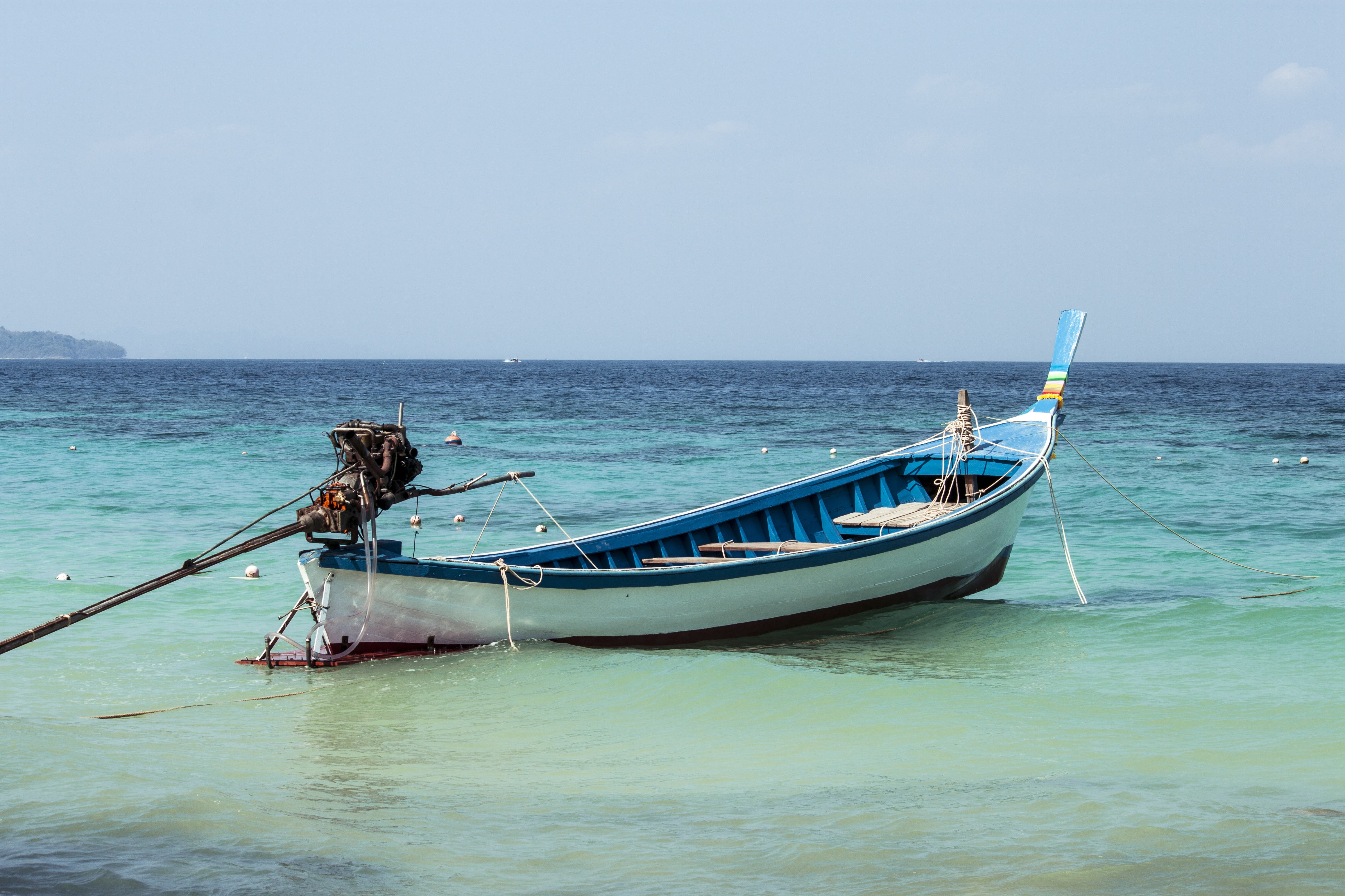 tropical, boat, wooden, blue, horizon over water, beach, tranquility, horizon, white, canoe, clear sky, sunshine, moored, sea, scenics - nature, day, water, HD Wallpaper