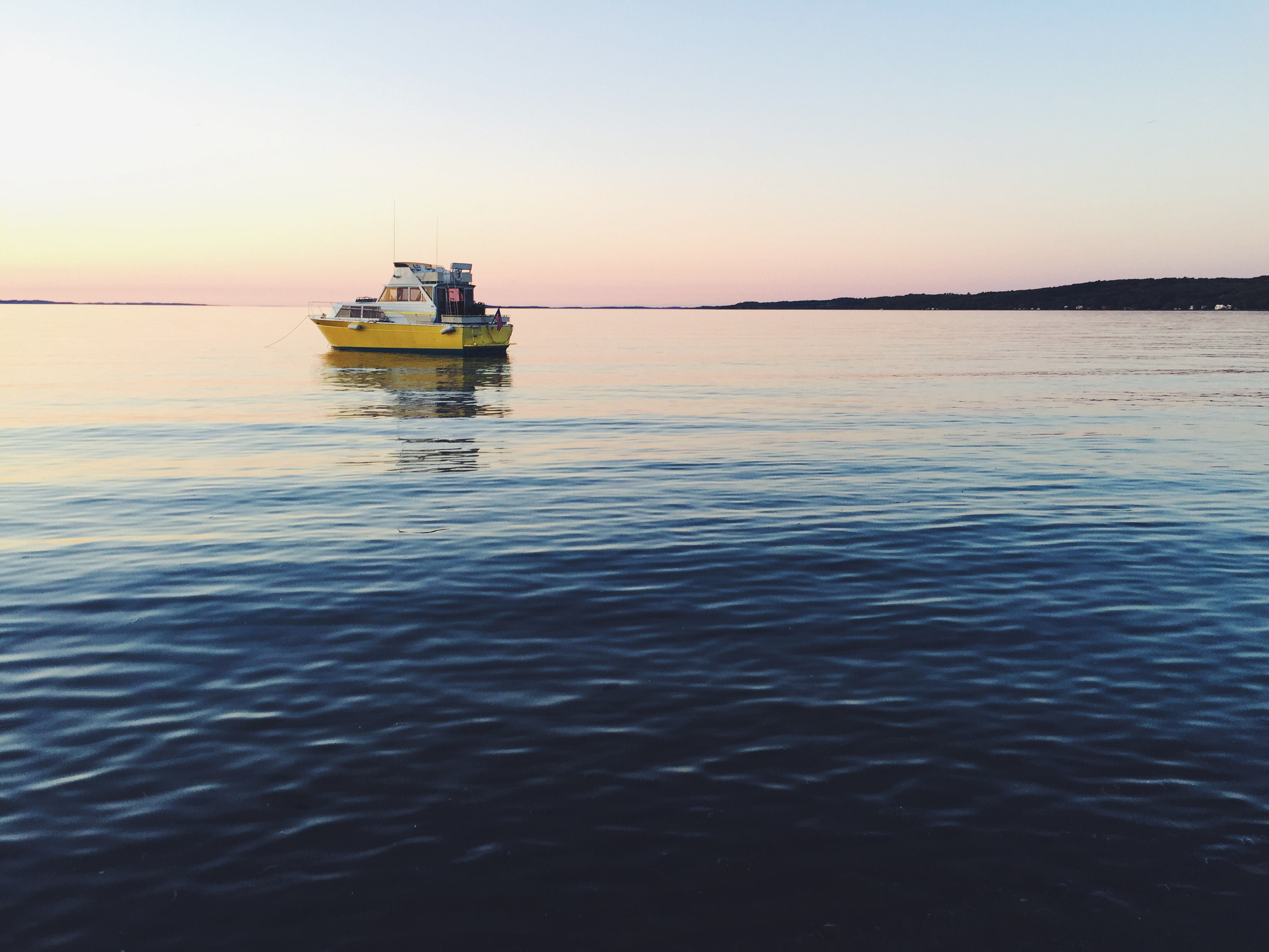 yacht, white, sunlight, clear sky, calm, beauty in nature, daytime, boat, 2K, dusk, sea, landscape, outdoors, sunset, nautical vessel, yellow, body, reflection, HD Wallpaper