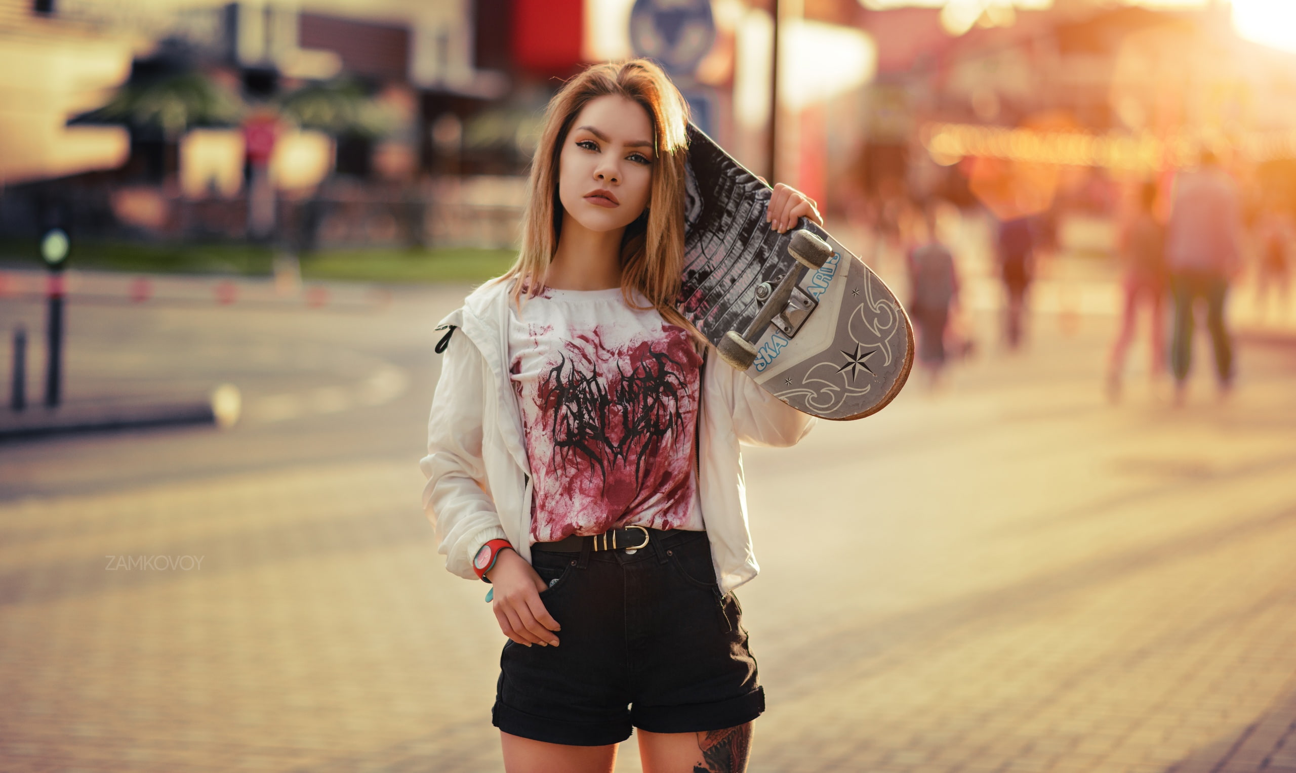women outdoors, people, portrait, fashion, 2K, one person, beautiful woman, sunset, looking at viewer, skateboard, long hair, model, jacket, leisure activity, HD Wallpaper