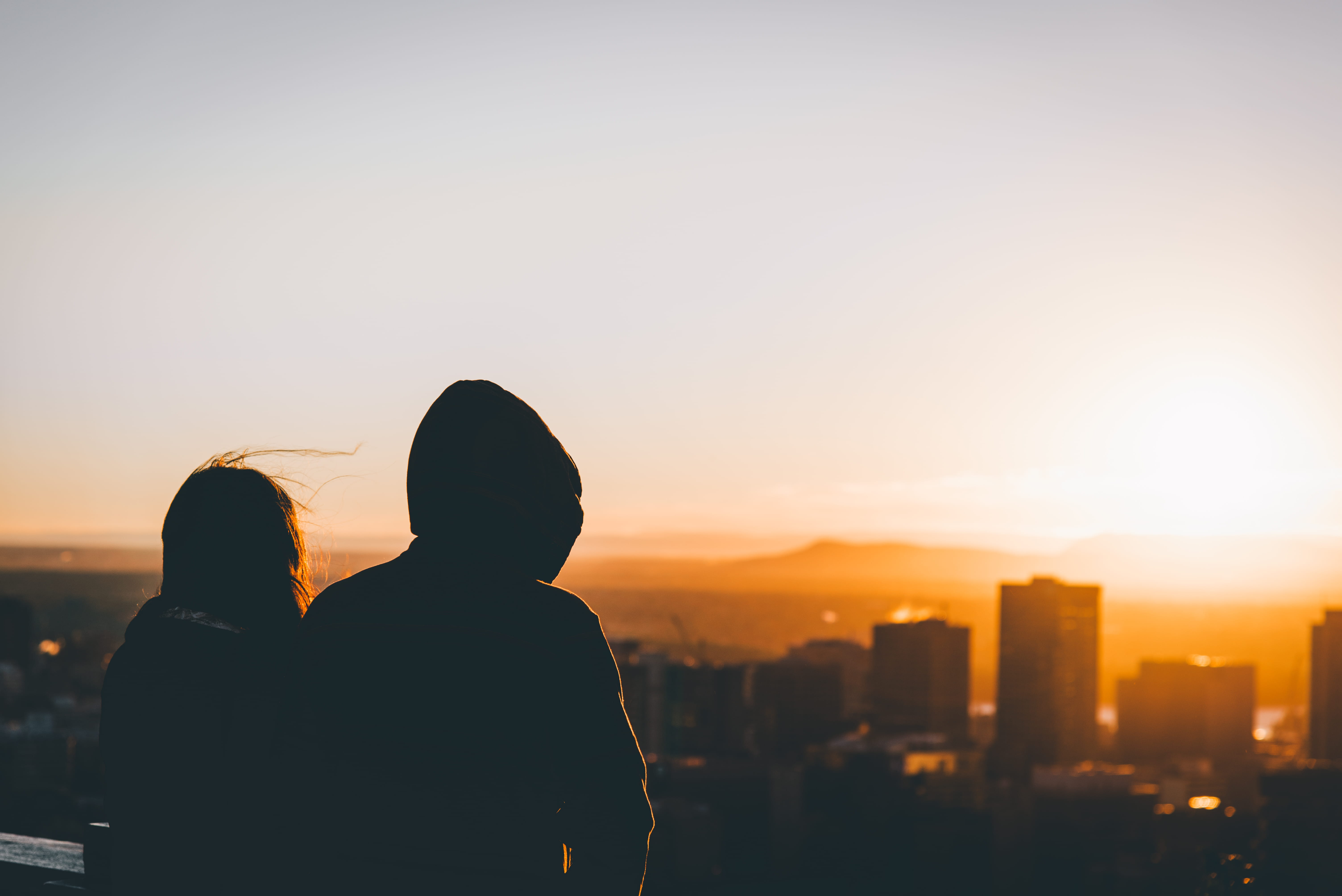 person, real people, architecture, dusk, bonding, women, love, togetherness, urban Skyline, two People, copy Space, silhouette, building exterior, looking at view, HD Wallpaper