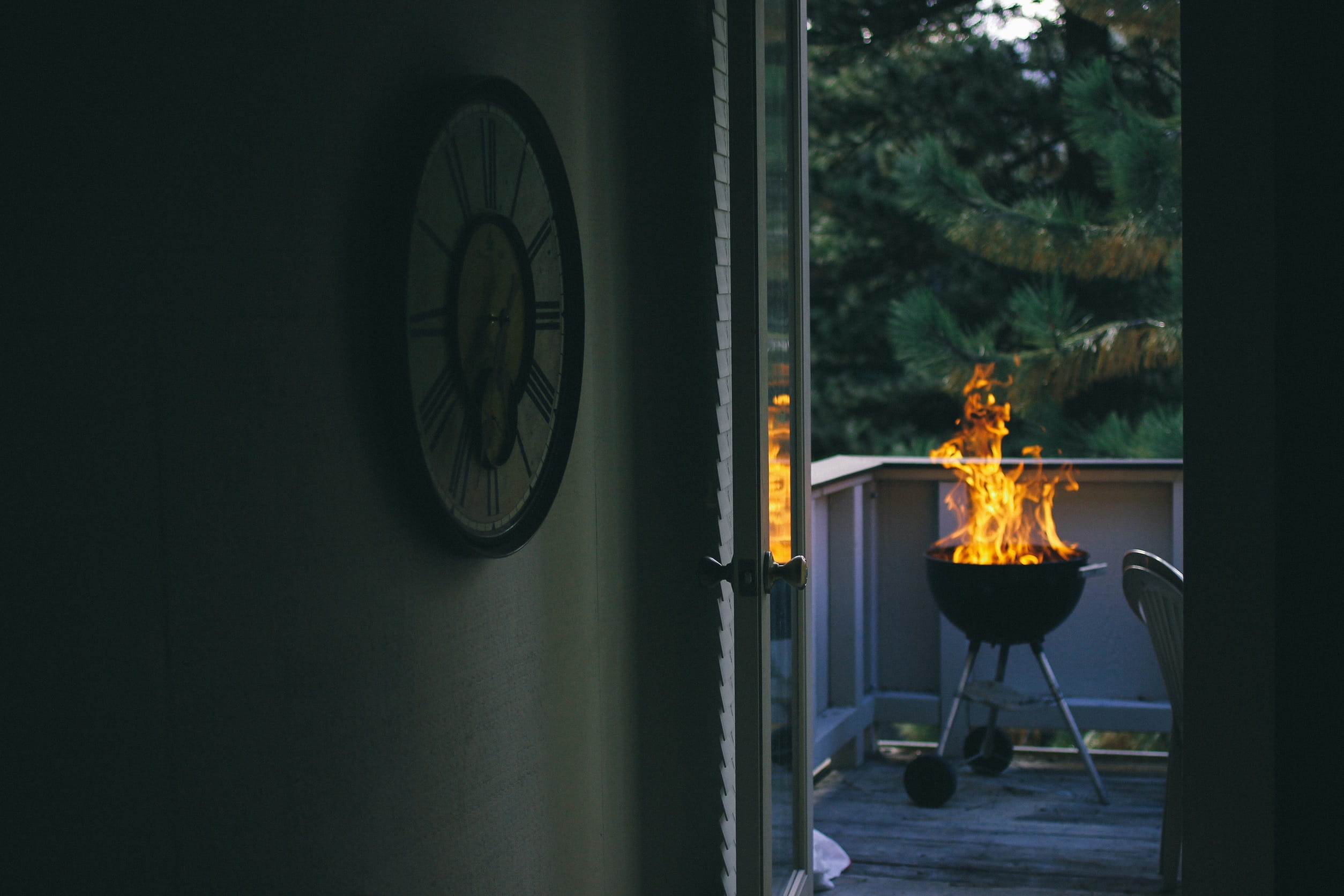 indoors, transparent, cookout, heat - temperature, 1080P, tree, food and drink, grill, window, burning, glass - material, no people, bbq, barbecue, deck, HD Wallpaper