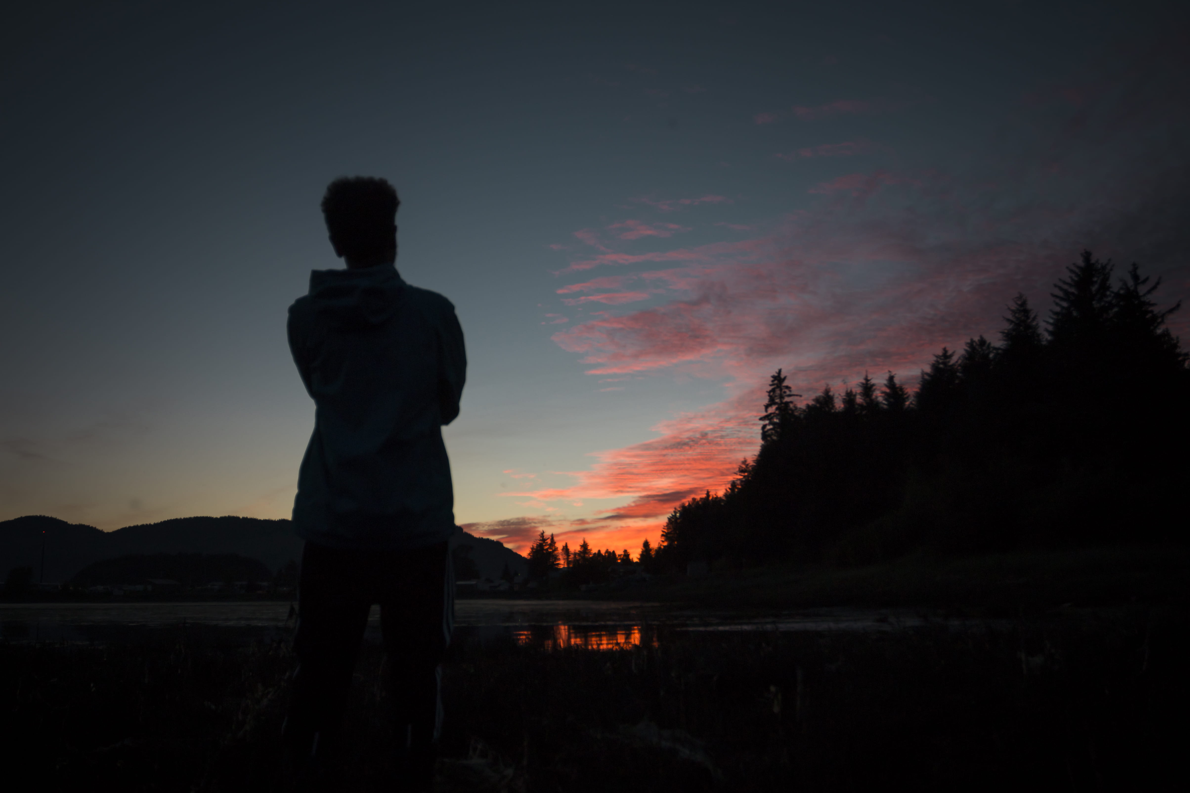 sky, looking at view, cloud, men, nature, lake, photography, pit, rear view, lifestyles, outdoor, tree, sunset, scenics - nature, front, fire, tranquil scene, HD Wallpaper