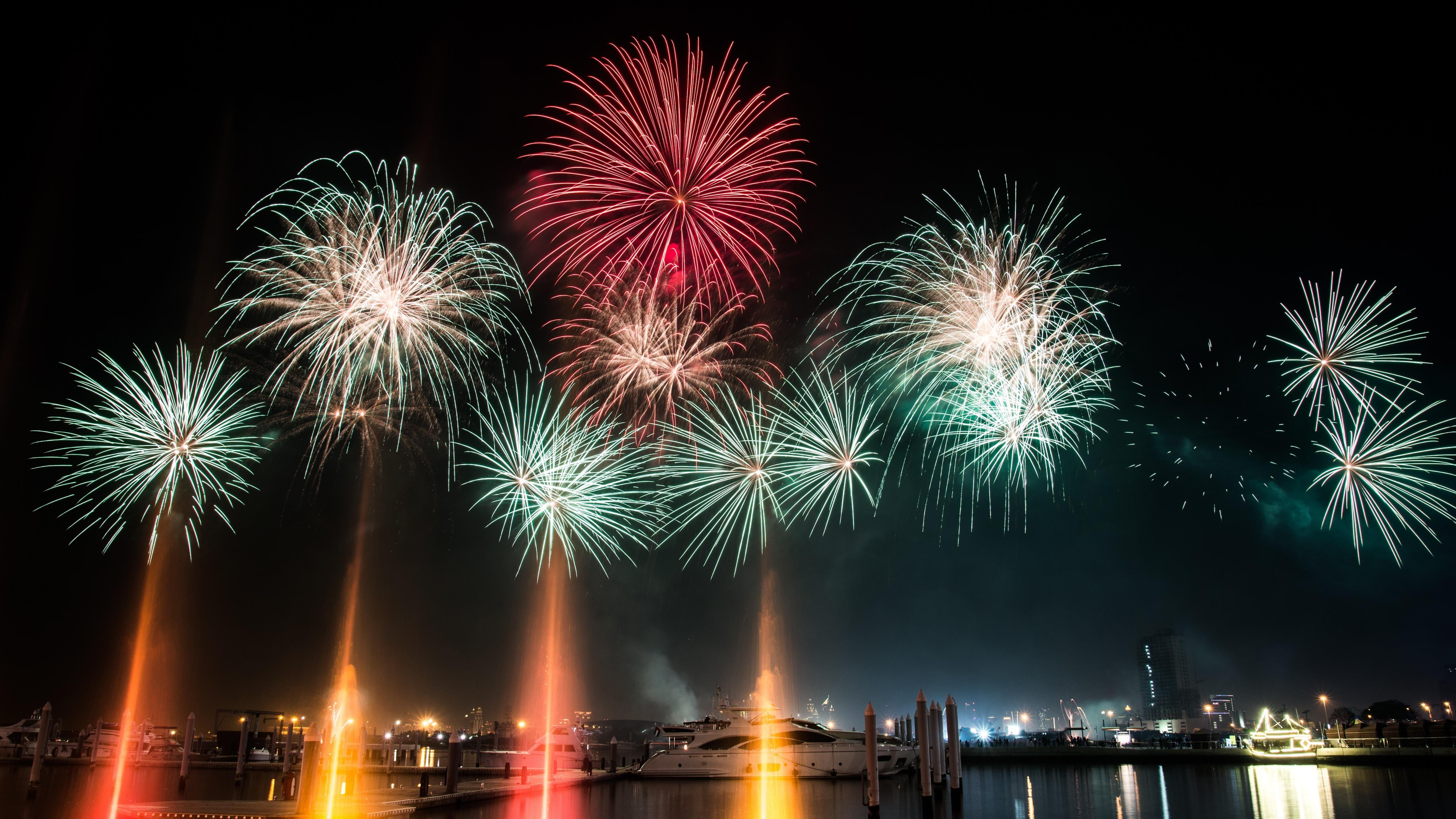 event, sky, water, dubai, architecture, outdoors, firework display, motion, illuminated, celebration, reflection, uae, building exterior, boat, no people, HD Wallpaper