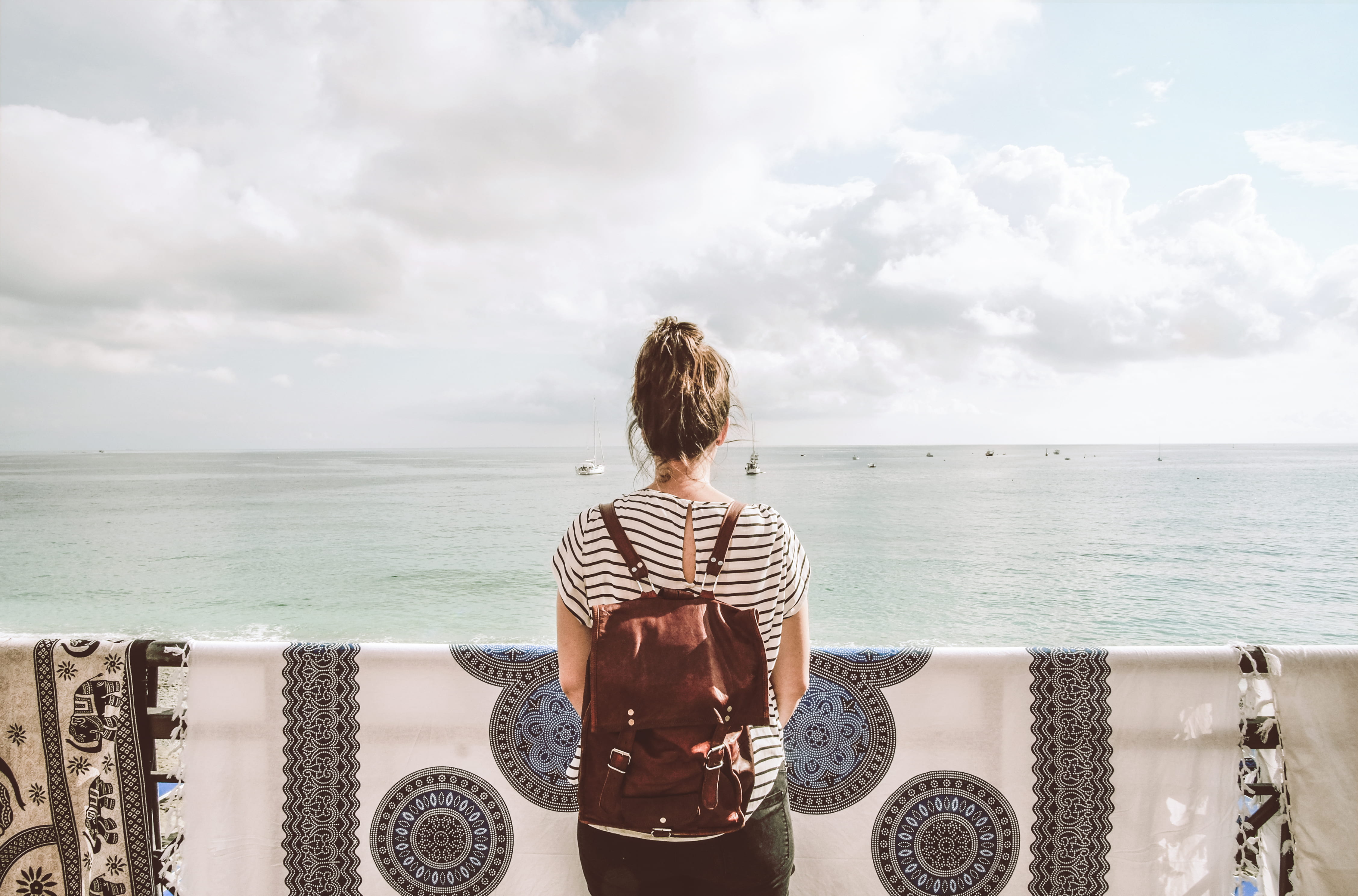 outdoors, nature, shirt, horizon, 4K, sky, woman, casual clothing, ocean, xt10, scenics - nature, clouds, lifestyles, rear view, front, rucksack, italy, HD Wallpaper