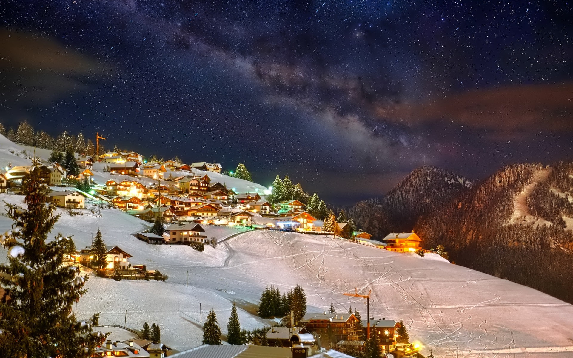 Sky, Night, Winter, 1080P, Lights, Stars, Houses, Mountains, HD Wallpaper