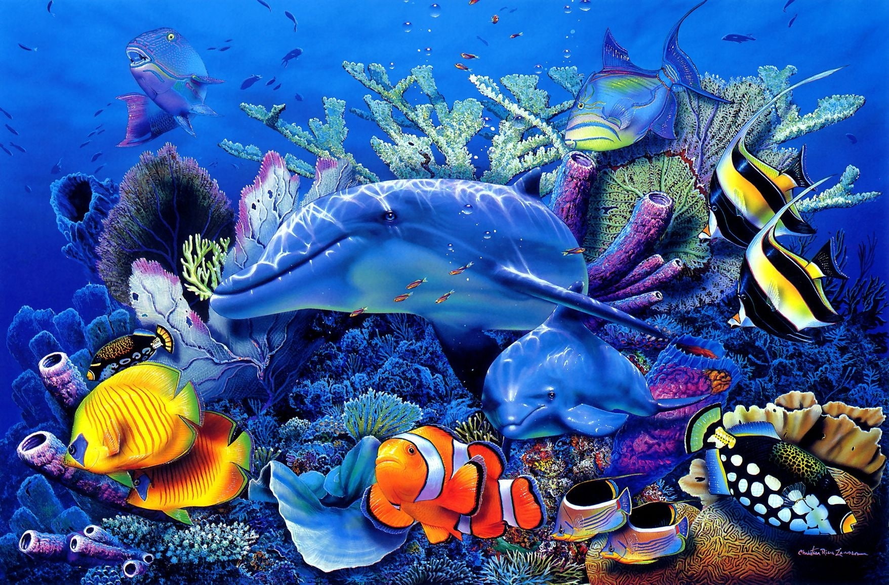 fish, underwater, dolphins, Dolphin, sea, art, 720P, Corals, Riese, fantasy, christian, Ocea, Lassen, HD Wallpaper