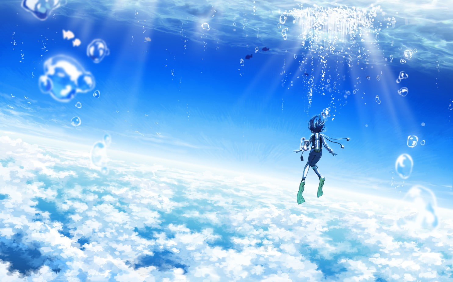 sea, sunlight, bubble, clouds, cloud - sky, bubbles, blue, lifestyles, water, full length, outdoors, leisure activity, sky, adventure, low angle view, real people, HD Wallpaper