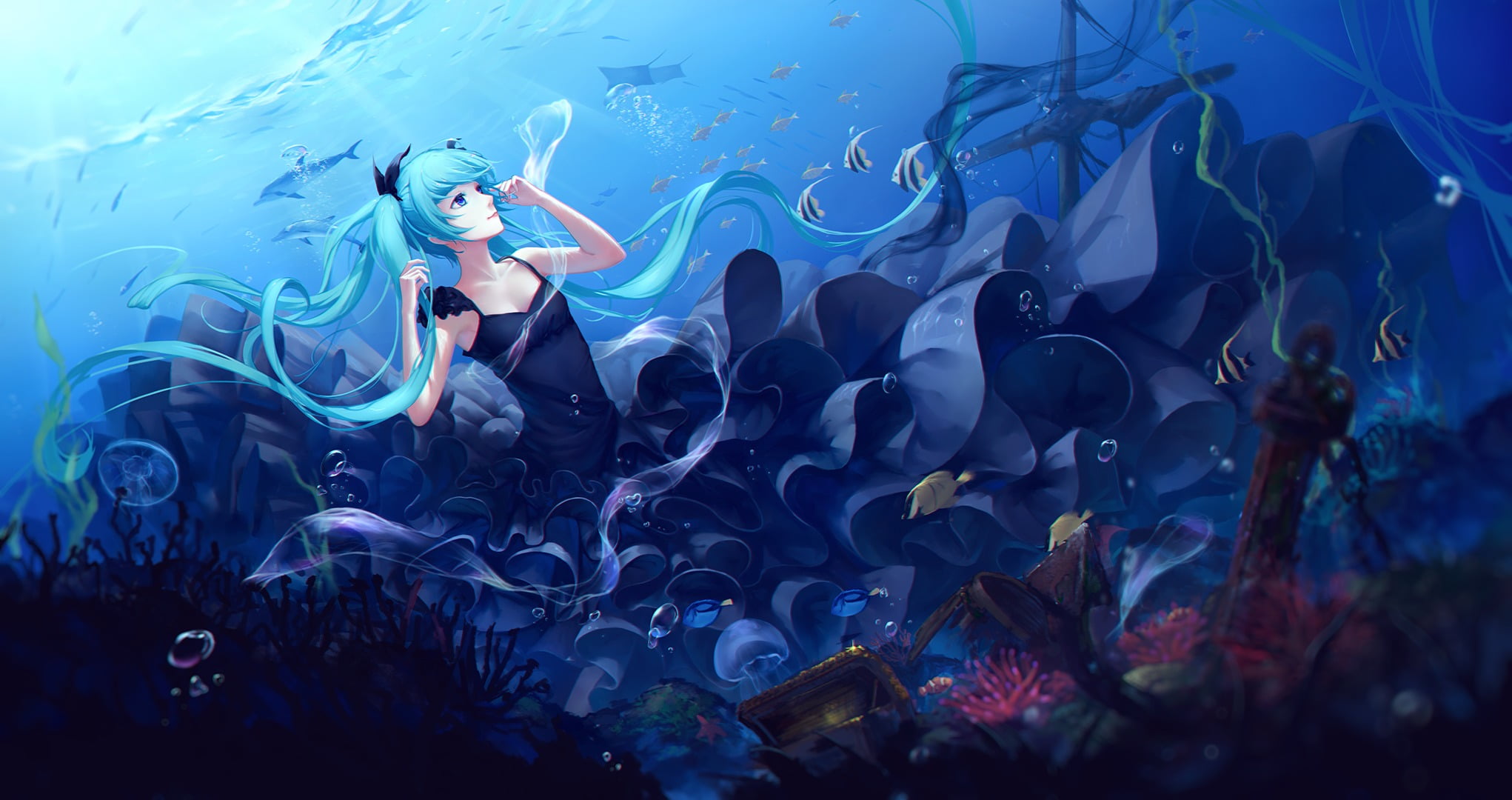 fish, water, anime, group of animals, dress, large group of animals, underwater, marine, twintails, sea life, vertebrate, Vocaloid, sea, blue, animal, animal wildlife, HD Wallpaper