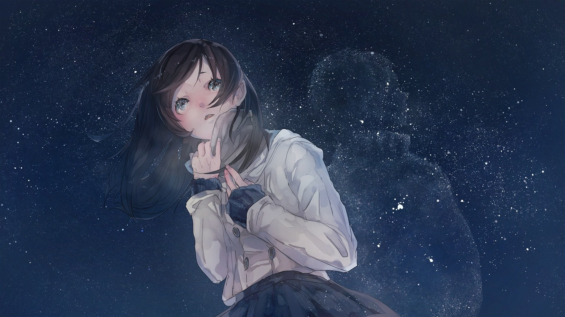 1080P, blue, blush, brown, original, sky, eyes, skirt, stars, hair, tori, mizutame, HD Wallpaper