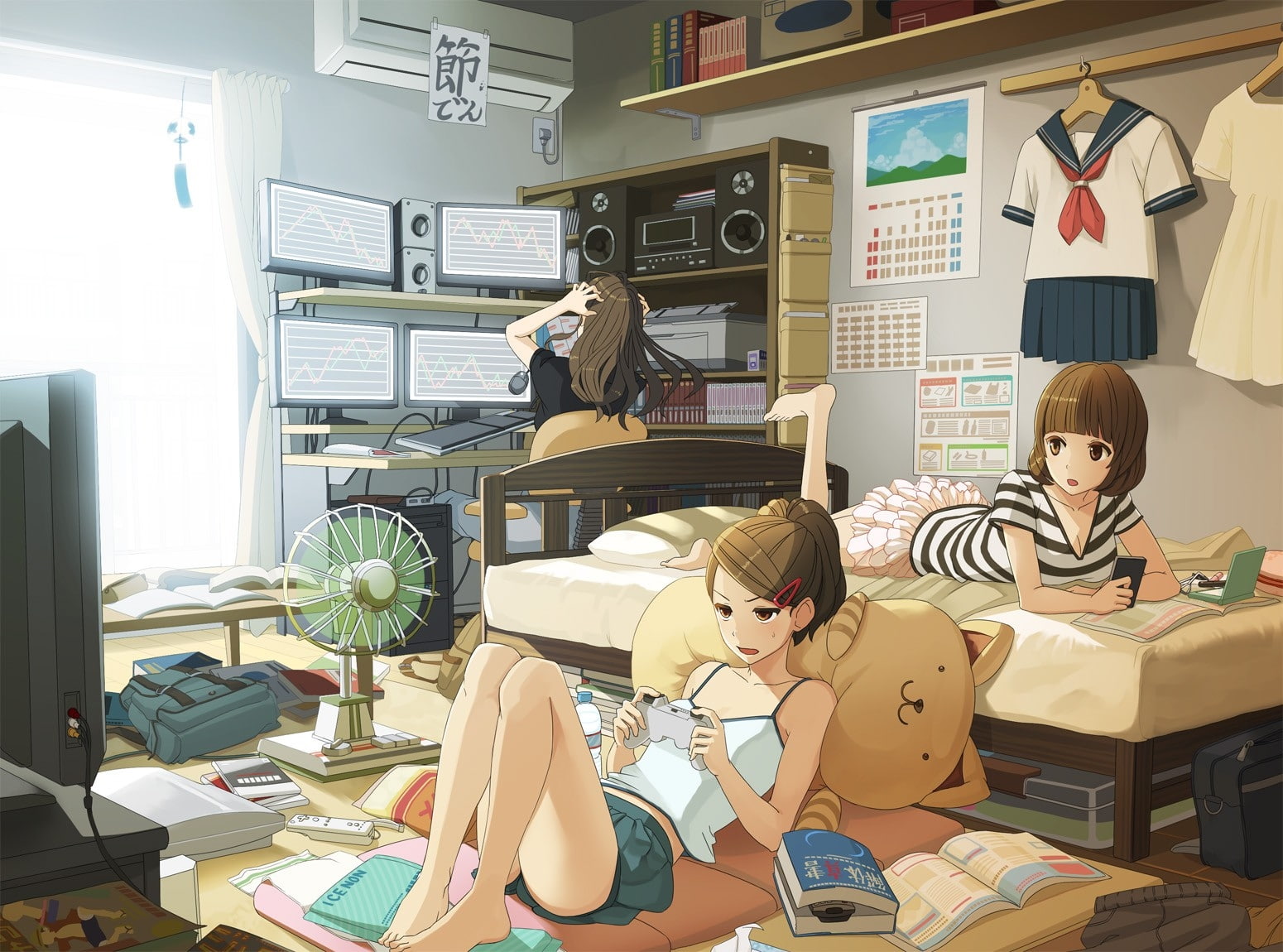 hair, art, anime, fans, 720P, hd, brown, short, long, girls, room, long hair, eyes, people, tori, seifuku, HD Wallpaper