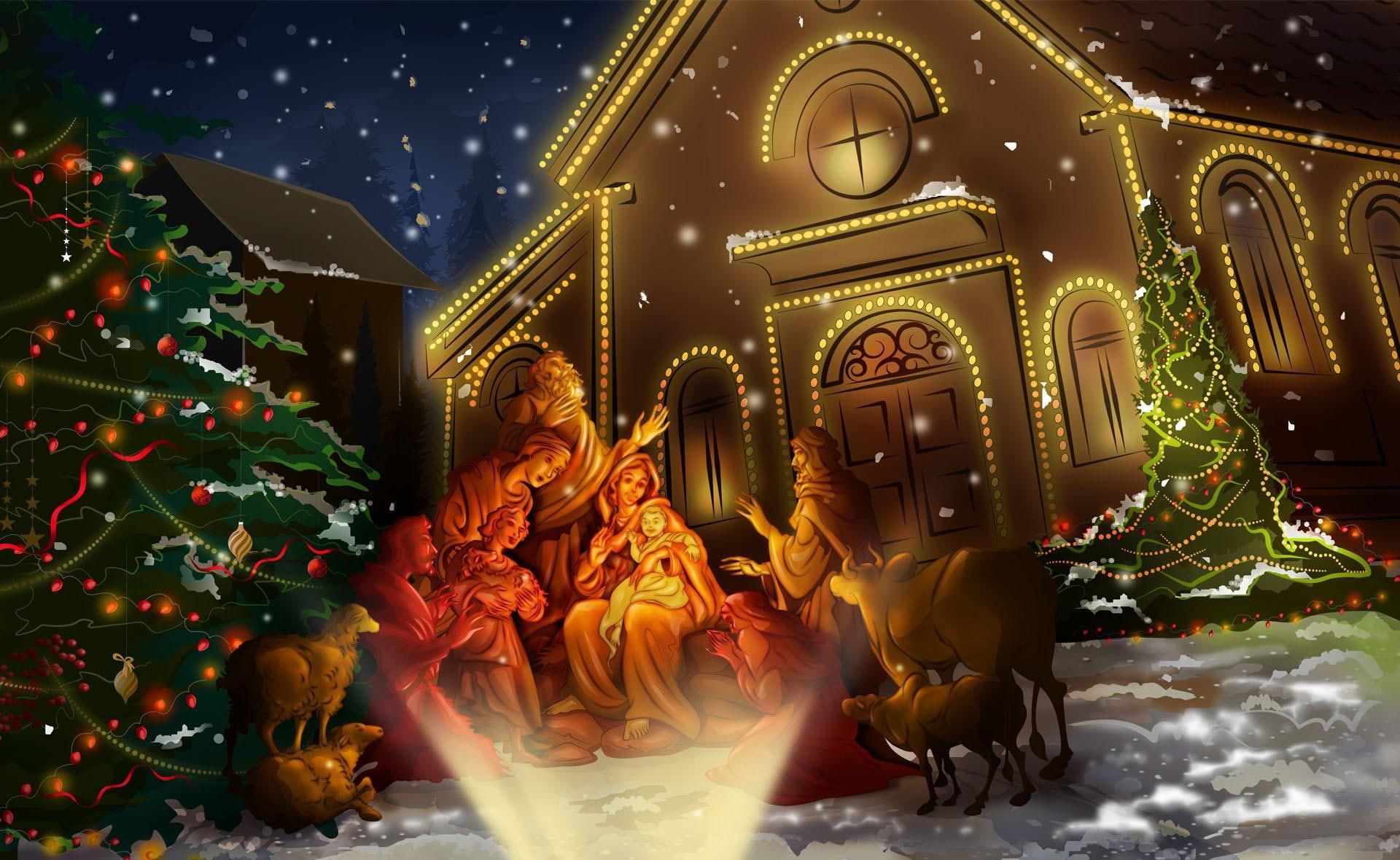 1080P, christmas, nativity, tree, night, wallapaper, holiday, church, HD Wallpaper