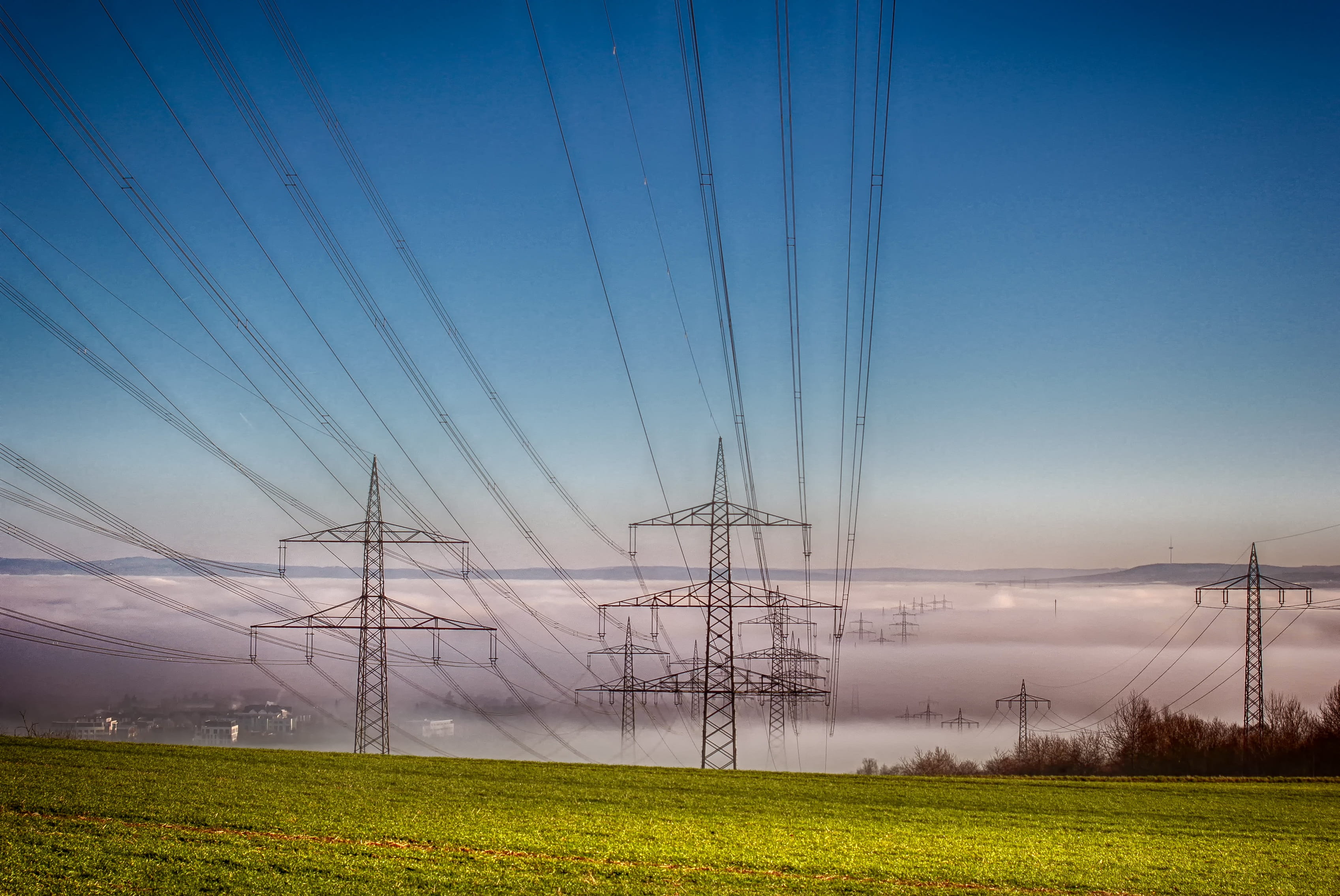 tranquility, haze, landscape, cable, performance, field, land, strommast, current, power line, sky, industry, power cable, nature, green, beauty in nature, HD Wallpaper