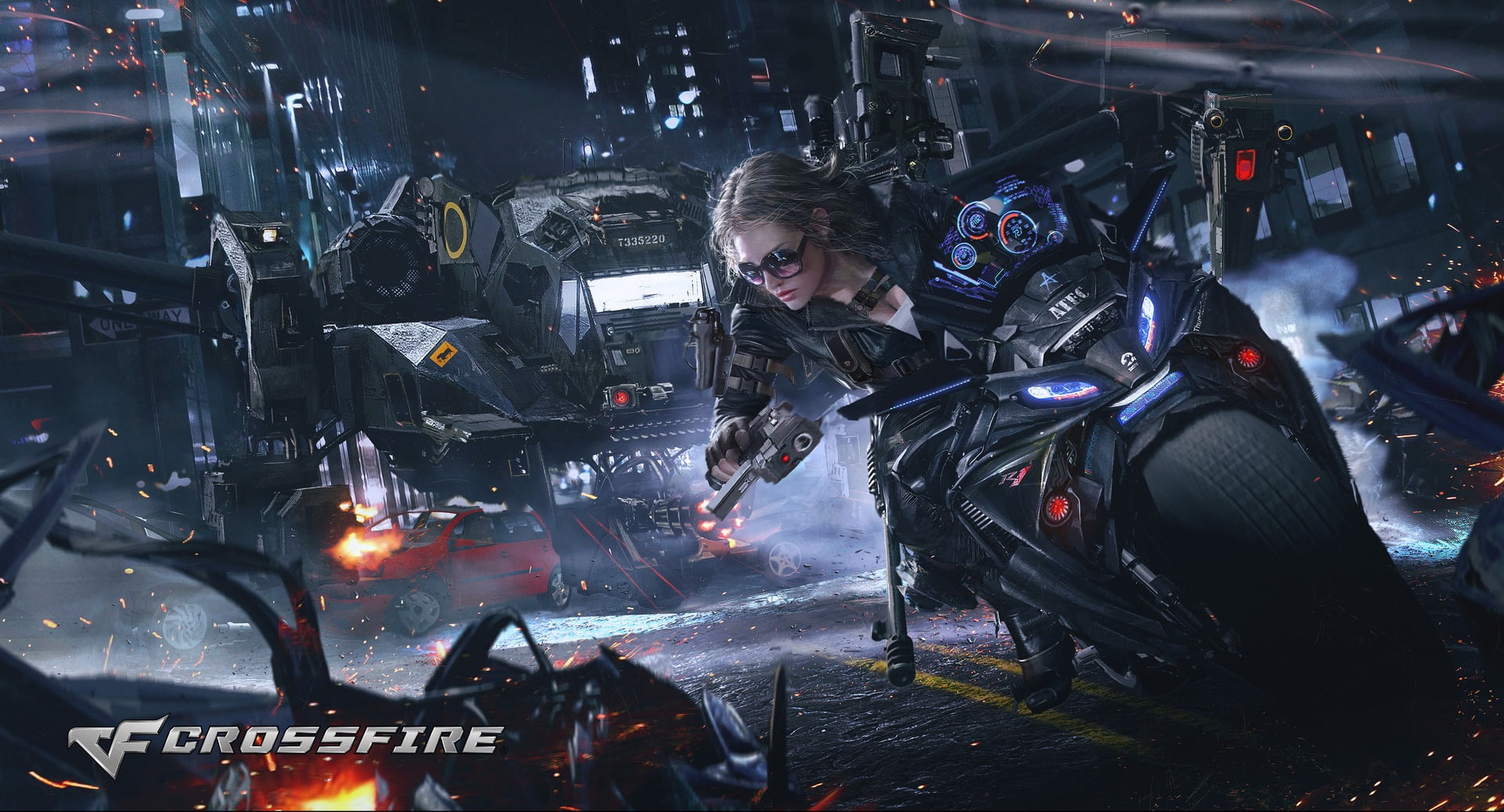 Min Gyu Lee, robot, Motorcycle, illustration, 720P, women, CrossFire, science fiction, fantasy Art, digital art, HD Wallpaper