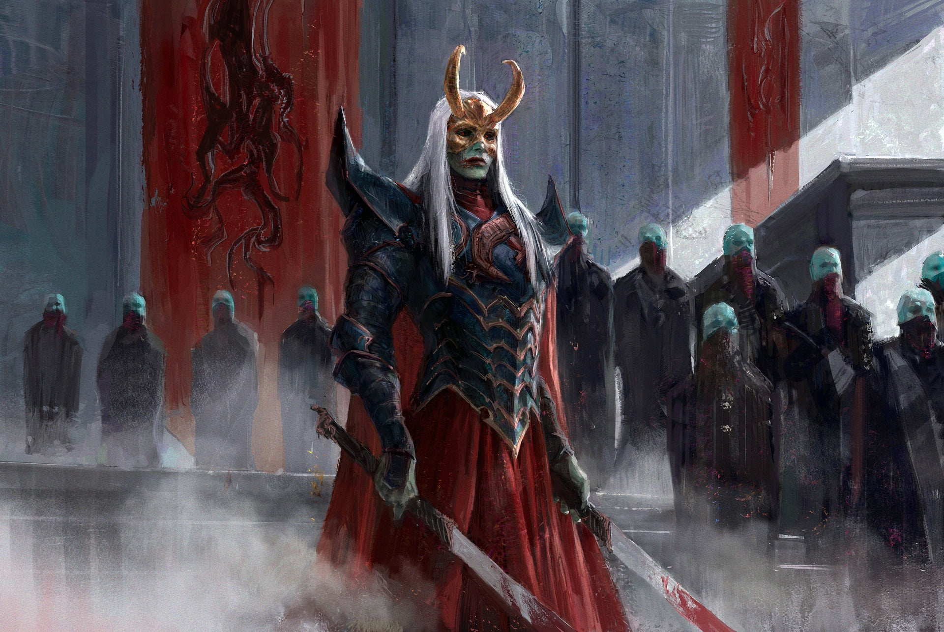 sword, digital art, fantasy art, warrior, horns, mask, 1080P, white hair, Min Gyu Lee, HD Wallpaper