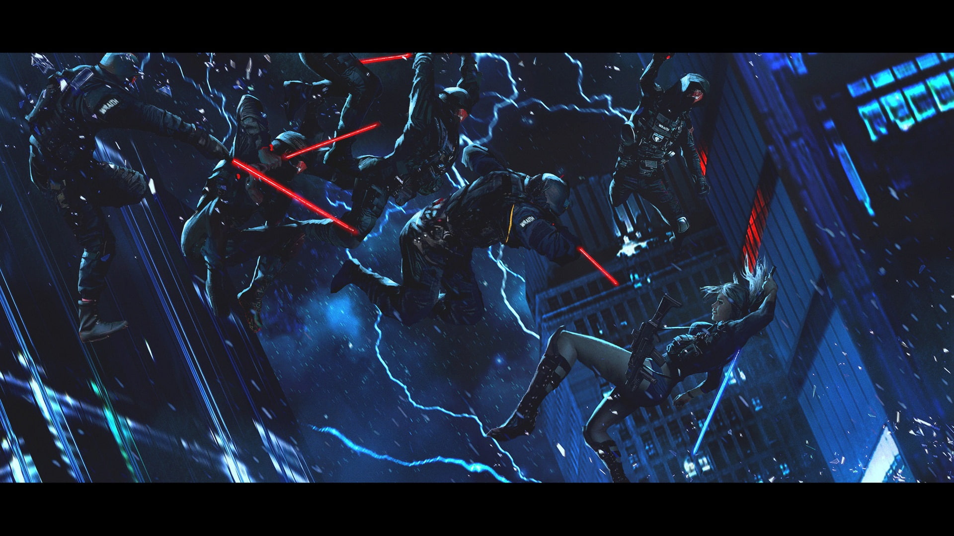 Min Gyu Lee, science fiction, fall, 1080P, Lightning, women, digital art, Thighs, sword, HD Wallpaper