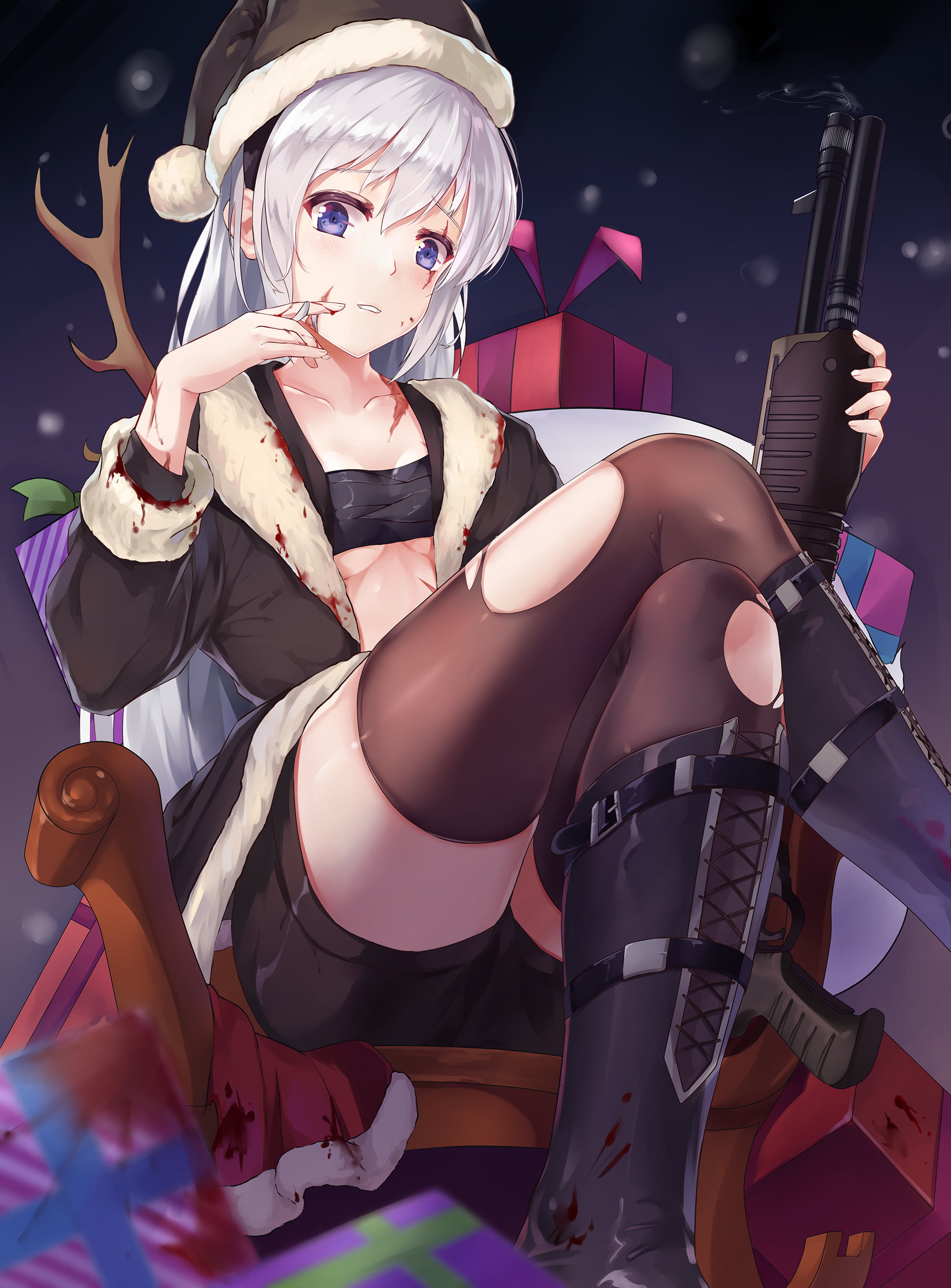 2K, portrait, young adult, one person, blood, creativity, indoors, cleavage, costume, holding, adult, young women, Christmas, thigh-highs, lingerie, underwear, Phone HD Wallpaper